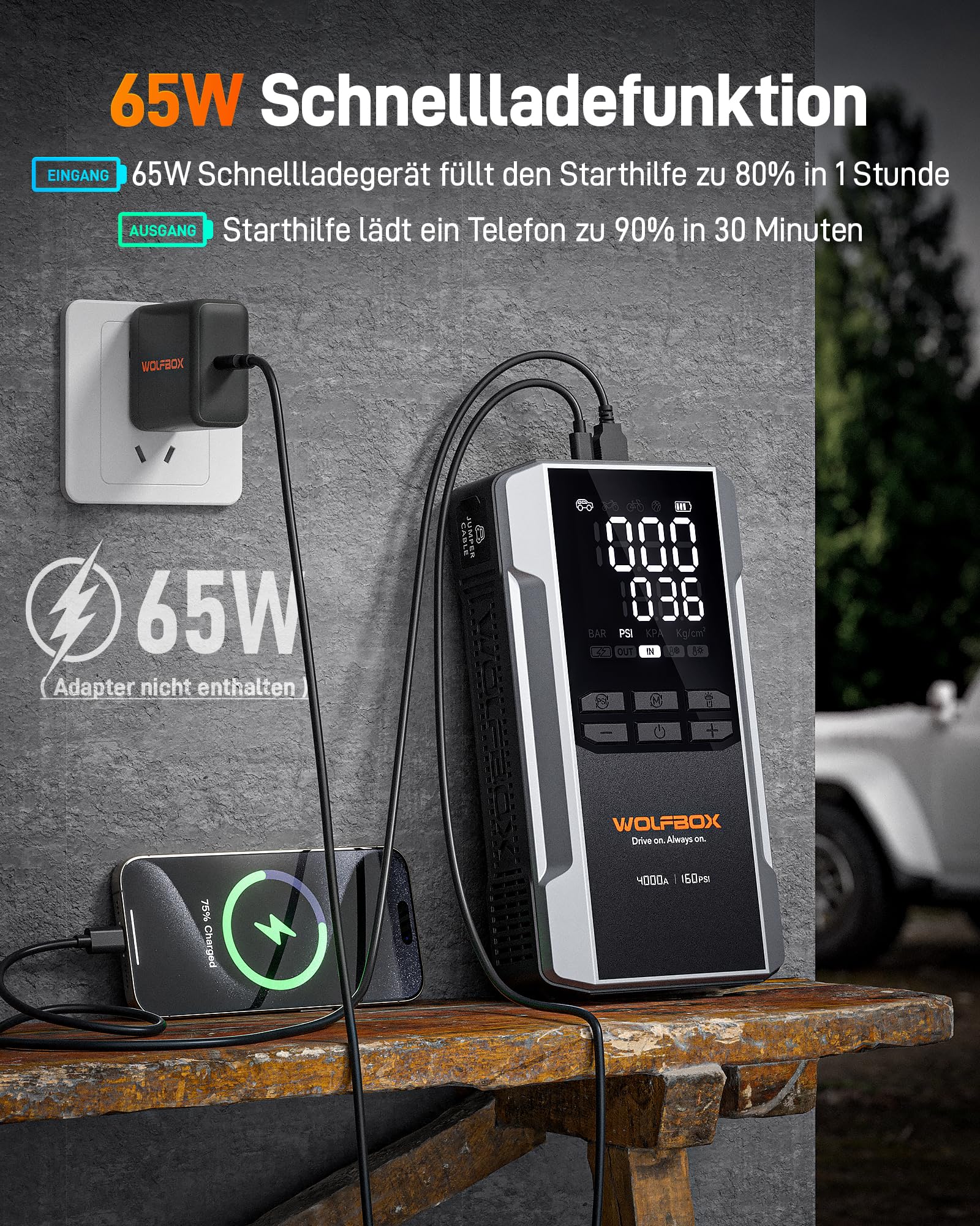 WOLFBOX 4000A Starthilfe mit 160PSI Kompressor, 12V Batterie-Booster, 65W Schnellladung, 88.8Wh Reifenfüller, LED-Anzeige für 10L Benzin-/Dieselmotoren, LED-Licht, Starthilfekabel