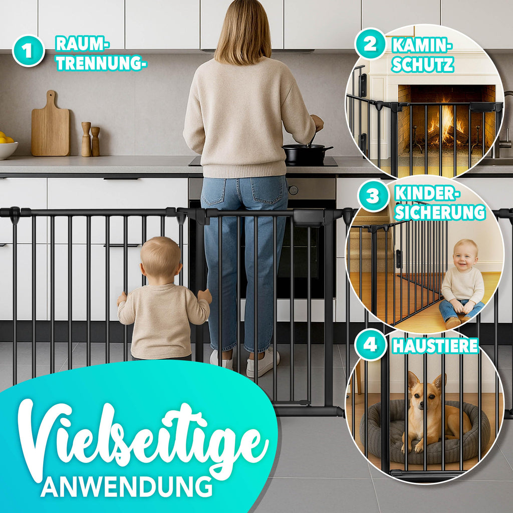 KIDUKU® Kaminschutzgitter mit Tür Metall 480 cm | Absperrgitter Ofenschutzgitter faltbar | Konfigurationsgitter inkl. 8 Elementen (Schwarz)