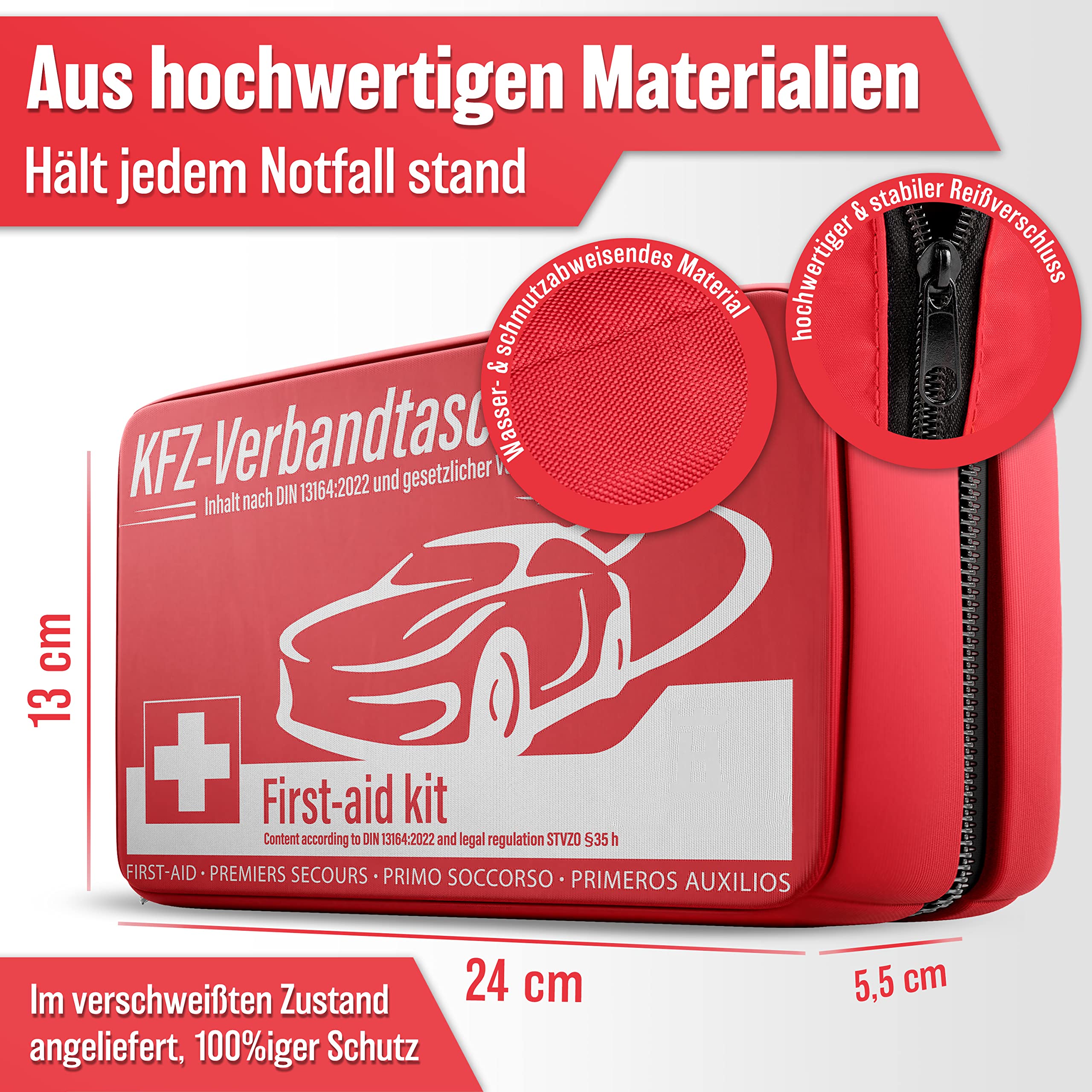HELDENWERK KFZ Verbandstasche nach aktueller Norm 2026 - Europaweit Nutzbar - Erste Hilfe Set Auto Verbandskasten DIN 13164:2022 (StVO konform)