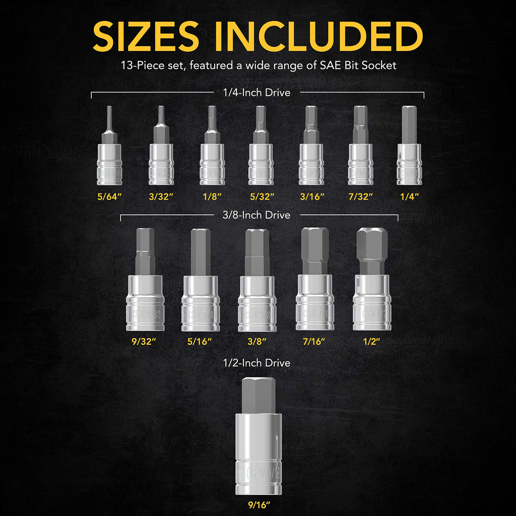 LEXIVON Sechskant steckschlüssel SAE satz, Größen: 5/64", 3/32", 1/8", 5/32", 3/16", 7/32", 1/4", 9/32", 5/16", 3/8", 7/16", 1/2", 9/16", S2 Alloy Steel (LX-142)