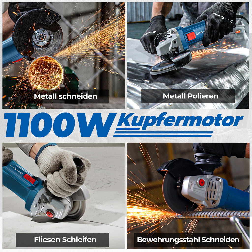 DongCheng Winkelschleifer 1100W, 125mm, Leerlaufdrehzahl:11.800min-1, Schnellverschlussabdeckung, Zusatzhandgriff ，mit 2 Schleifscheiben, 2 Fächerschleifscheiben, 2 Trennscheiben