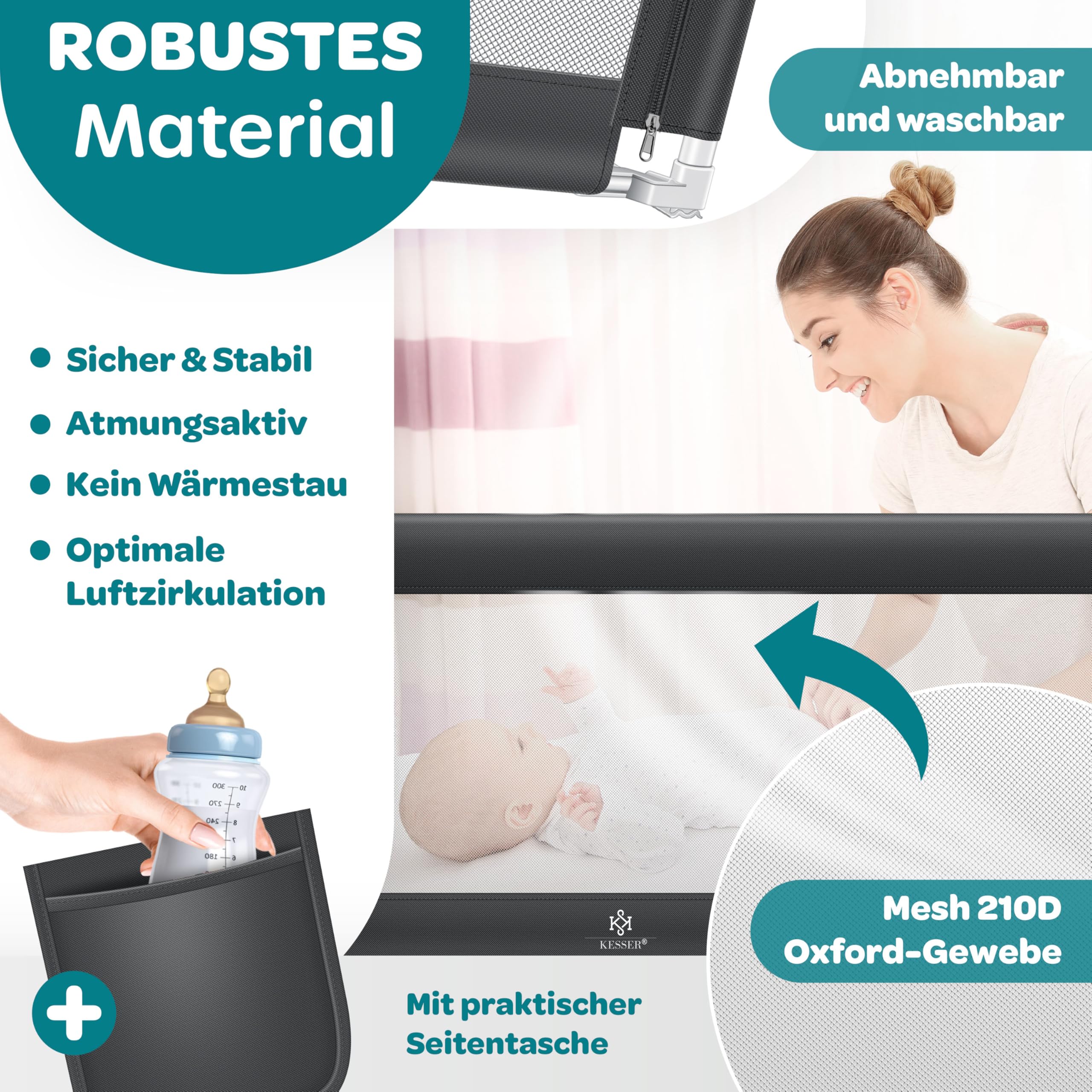 KESSER® Bettschutzgitter 150cm Reise Bett Rausfallschutz verstellbar Bed Guard Rail Bumper, Kinder/Baby, Bettgitter Klappbar, Kinderbett Kinderbettschutzgitter, Tasche, Dunkelgrau, Höhe: 72 bis 96cm
