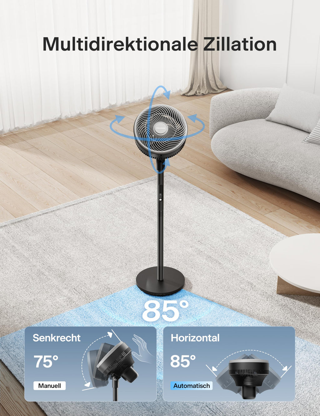 PELONIS Standventilator mit Fernbedienung Touch Display 3D Zirkulation 36.5dB Leise 10m Luftstrom Höhenverstellbar 60/111cm 4 Stufen mit Timer, Abnehmbarer Schutzgitter Rotationslüfter