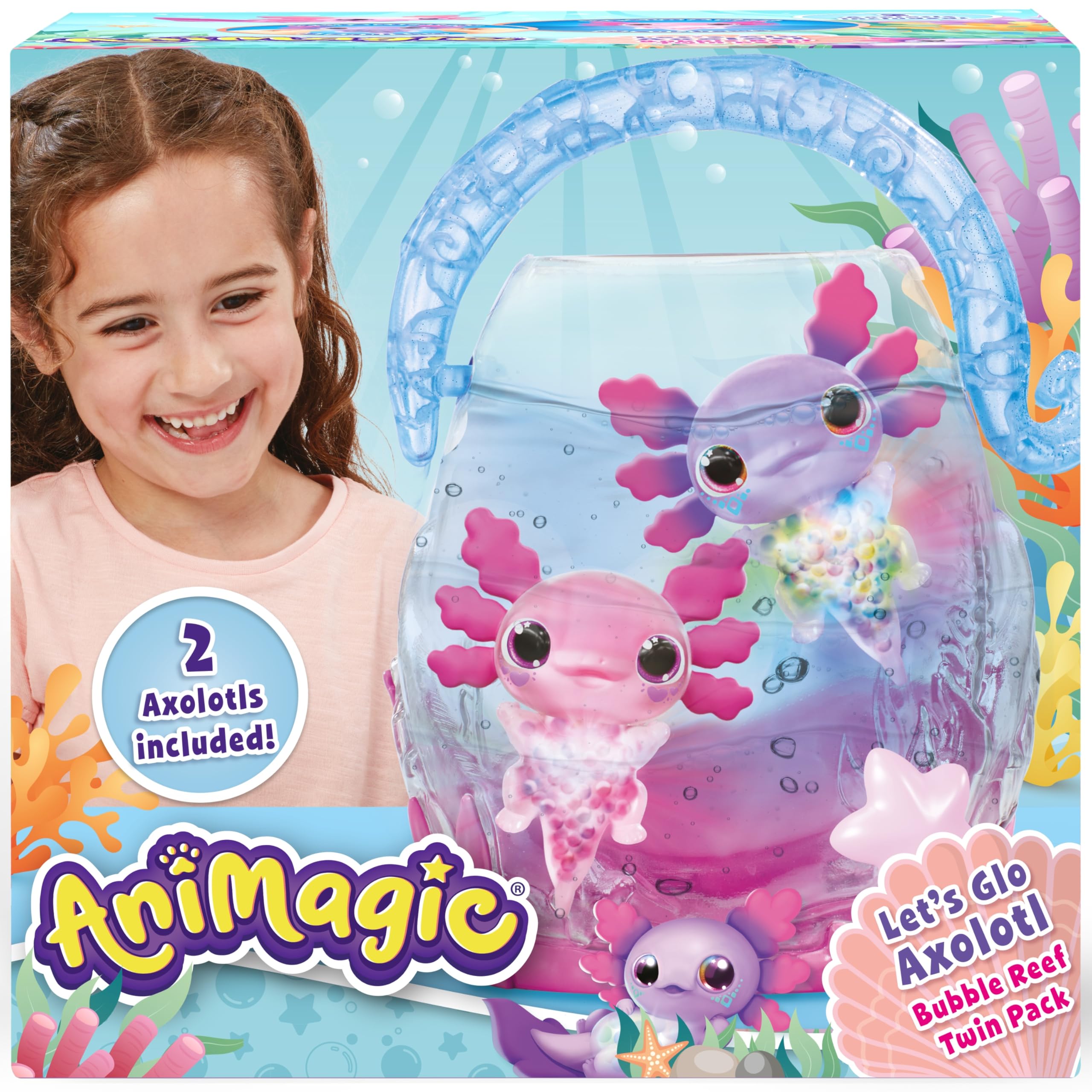 Animagic - Let's Glo Axolotl Bubble Reef Pack :1 Interaktives Aquarium + 2 Axolotl (Rosa & Lila), Elektronische & leuchtende Freunde, Sensorisches Spielzeug für Kinder ab 4 Jahren
