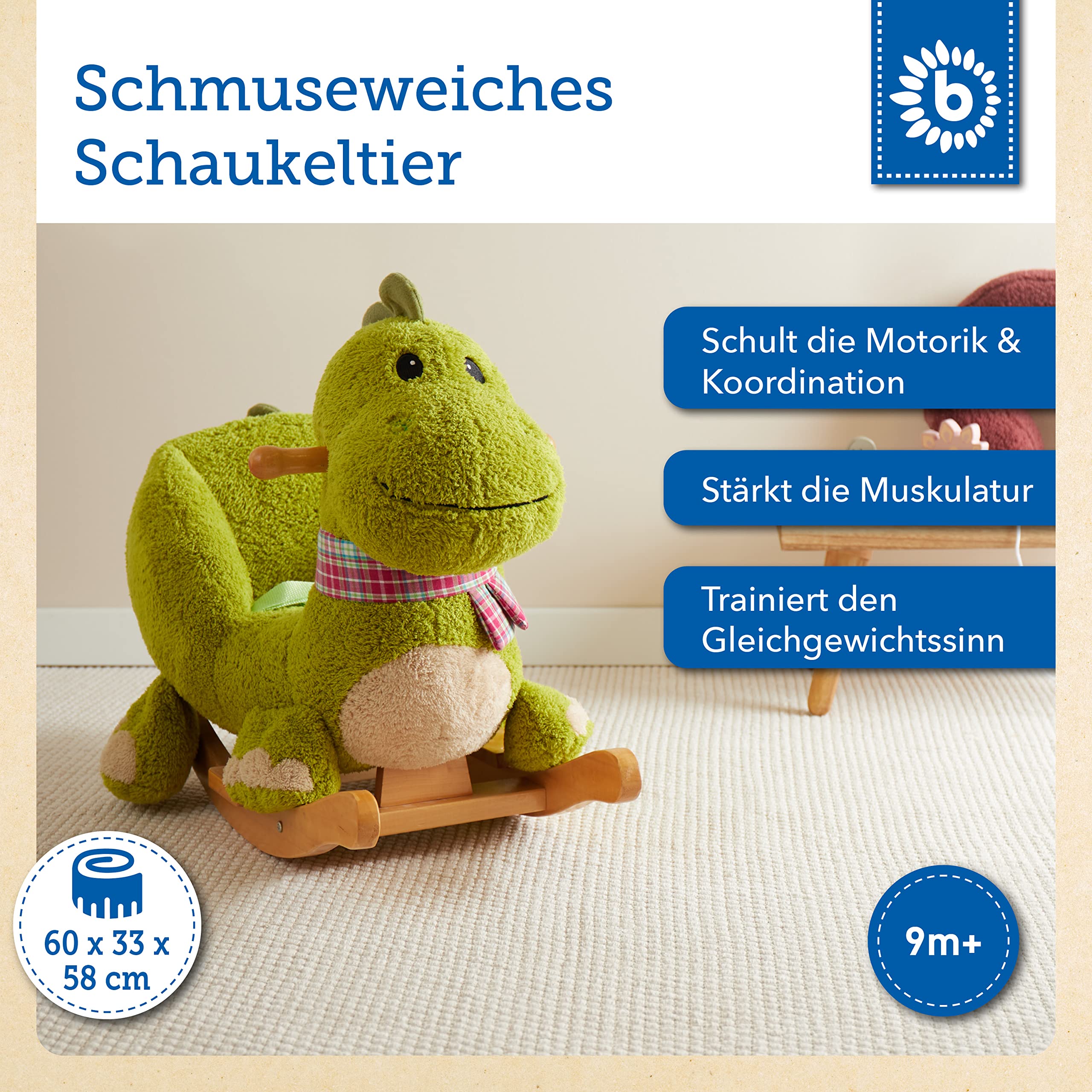 Bieco Plüsch Schaukeltier Dino | Kinder Schaukelstuhl mit Sicherheitsgurt | Schaukel Kleinkind | Schaukeltier Baby Zimmer | Baby Schaukelwippe ab 9 Monate | Schaukelpferd Holz
