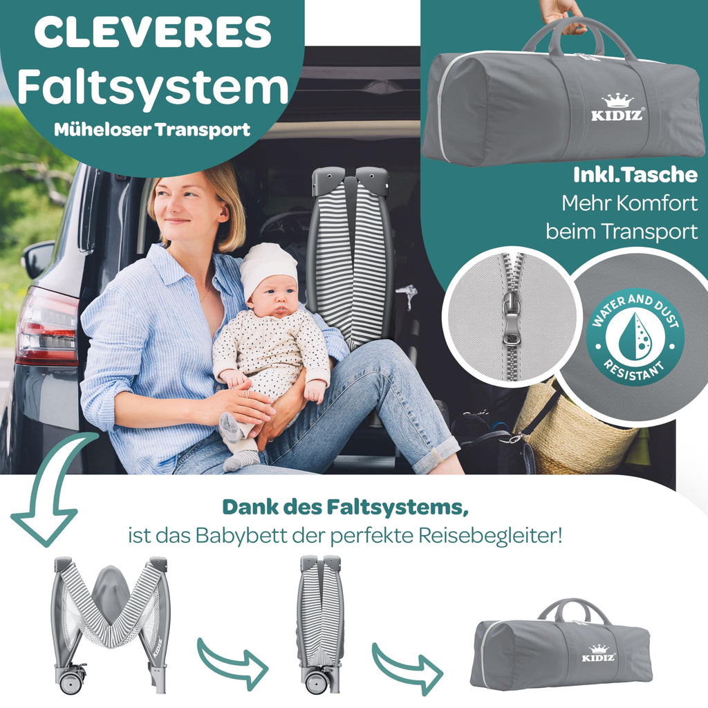 Kidiz® Babybett Reisebett Kinderreisebett klappbar mit Matratze & Räder 120x60, Seiteneingang, Wickelauflage, Moskitonetz & Tragetasche Baby Beistellbett Kinderbett ab Geburt bis 15 kg Grau