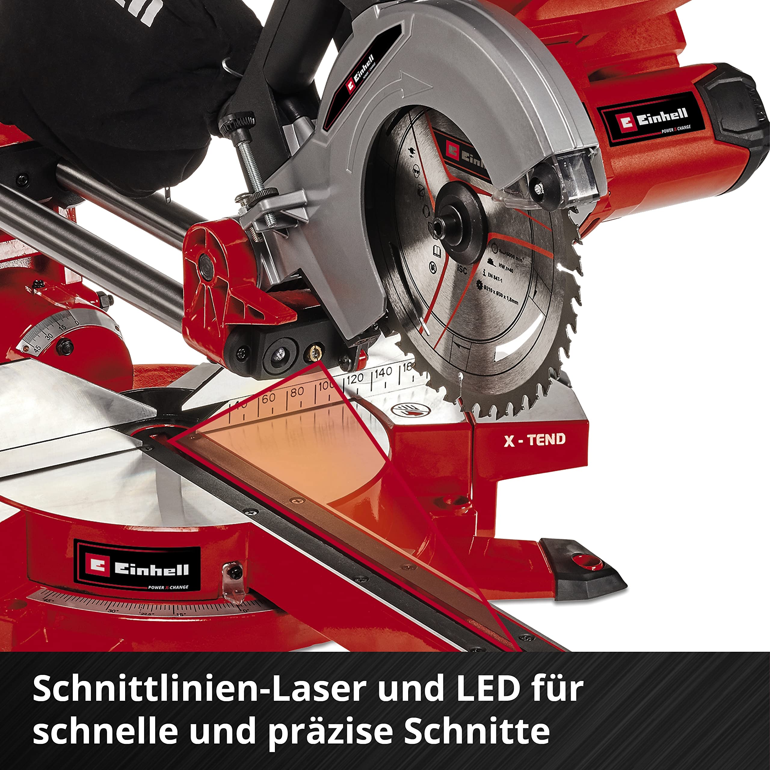 Einhell Akku-Zug-Kapp-Gehrungssäge TE-SM 36/210 Li-Solo Power X-Change (36 V, max. 65 mm x 310 mm Schnitttiefe/-breite, Ø 210 mm Sägeblatt, neigbarer Sägekopf, Laser, ohne Akku)