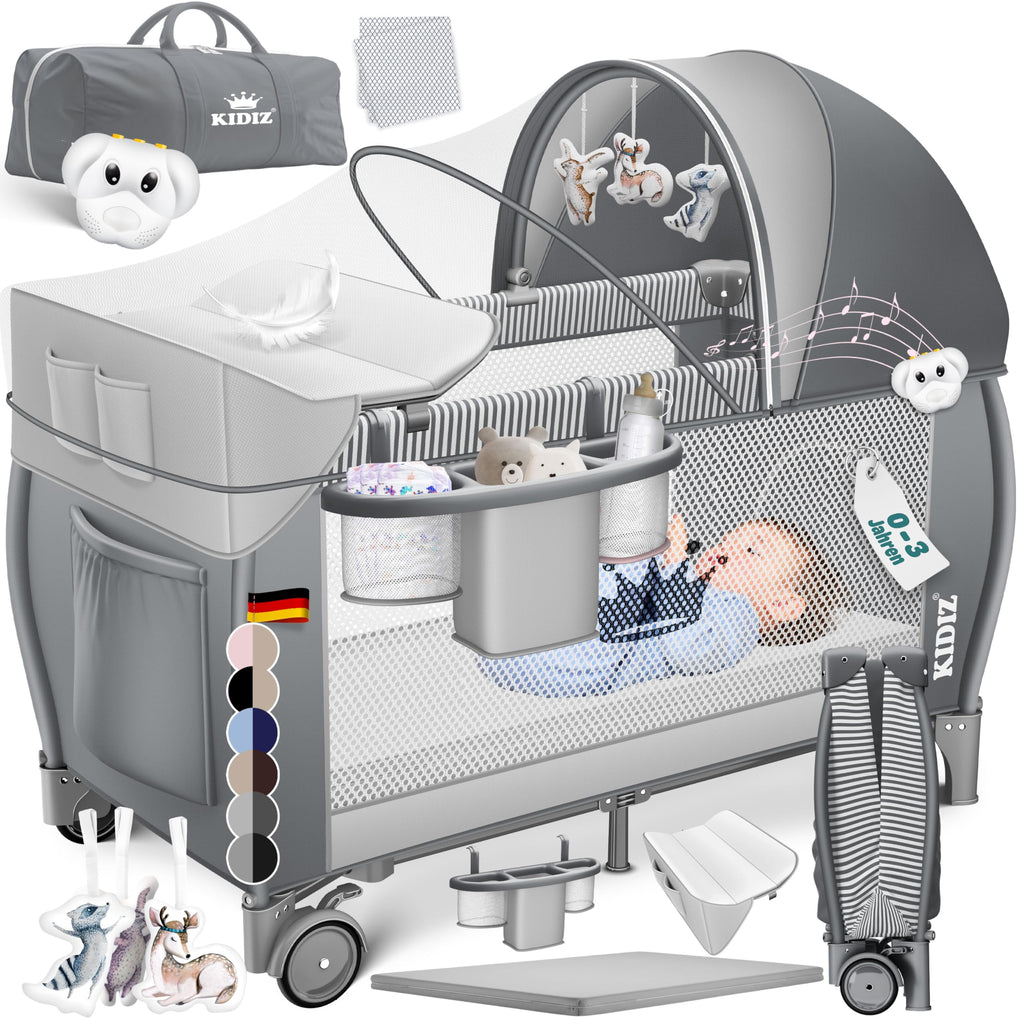 Kidiz® Babybett Reisebett Kinderreisebett klappbar mit Matratze & Räder 120x60, Seiteneingang, Wickelauflage, Moskitonetz & Tragetasche Baby Beistellbett Kinderbett ab Geburt bis 15 kg Grau