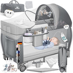 Kidiz® Babybett Reisebett Kinderreisebett klappbar mit Matratze & Räder 120x60, Seiteneingang, Wickelauflage, Moskitonetz & Tragetasche Baby Beistellbett Kinderbett ab Geburt bis 15 kg Grau
