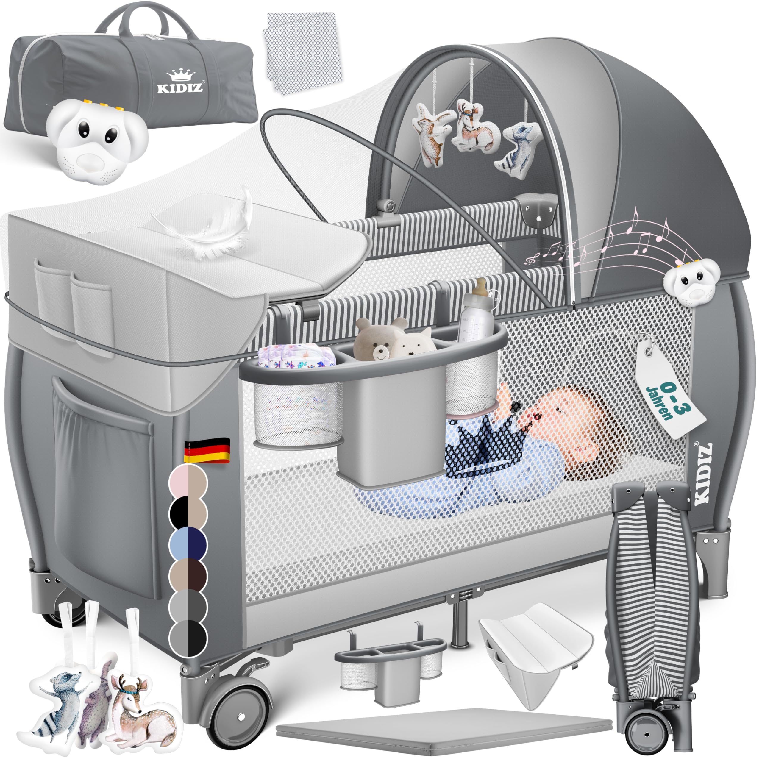 Kidiz® Babybett Reisebett Kinderreisebett klappbar mit Matratze & Räder 120x60, Seiteneingang, Wickelauflage, Moskitonetz & Tragetasche Baby Beistellbett Kinderbett ab Geburt bis 15 kg Grau