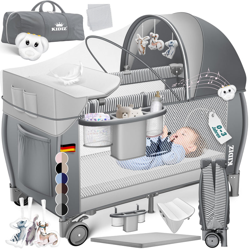 Kidiz® Babybett Reisebett Kinderreisebett klappbar mit Matratze & Räder 120x60, Seiteneingang, Wickelauflage, Moskitonetz & Tragetasche Baby Beistellbett Kinderbett ab Geburt bis 15 kg Grau