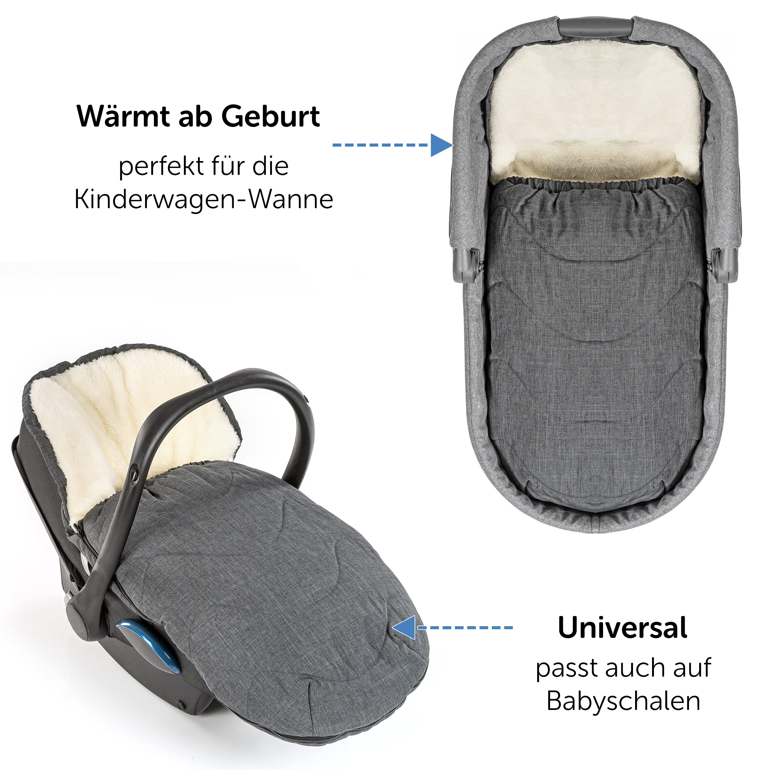 Zamboo Universal Fußsack für Babyschale, Kinderwagen Wanne und Buggy - 2in1 Winterfußsack und Sitzauflage aus kuscheligem Fleece, Baby Fusssack mit Tasche - Grau