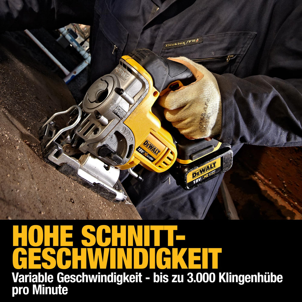 Dewalt 18 Volt Akku-Stichsäge DCS331N (vibrationsarmer Hochleistungsmotor, elektronische Hubzahlregulierung, Hublänge: 26 mm, beidseitige Neigungseinstellung: 45°, Lieferung ohne Akku und Ladegrät)