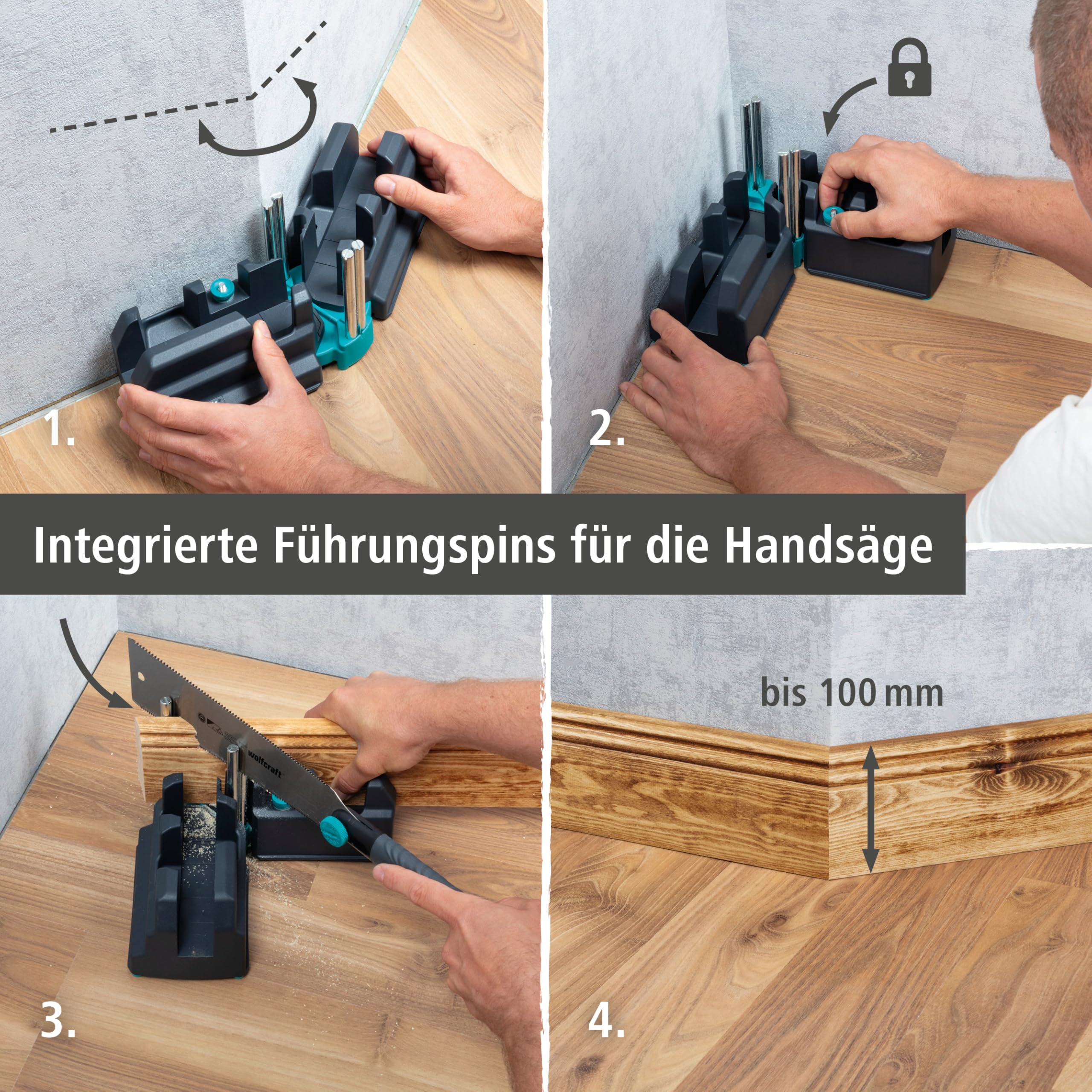 wolfcraft Schmiege und Schneidlade - 2 in 1 Gehrungslade aus Stahl mit Winkelhalbierenden zum Schneiden von bis zu 100 mm hohen Fußleisten & Ausmessen von Raumwinkeln - 6948200