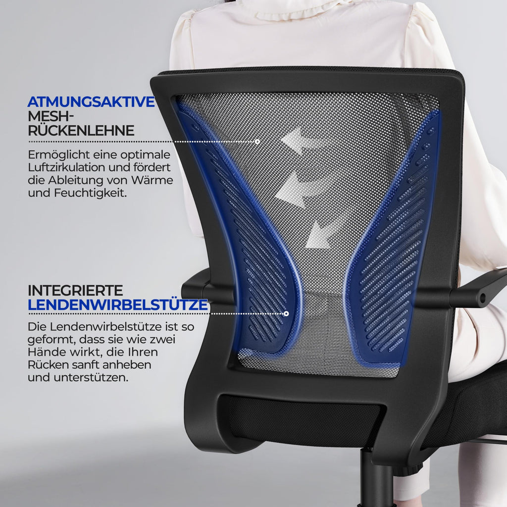 Yaheetech Bürostuhl Ergonomisch, Schreibtischstuhl mit Netzbespannung, Arbeitsstuhl mit Armlehnen, Chefsessel aus Mesh, höhenverstellbarer Computerstuhl 136 kg, atmungsaktiv, Wippfunktion Schwarz