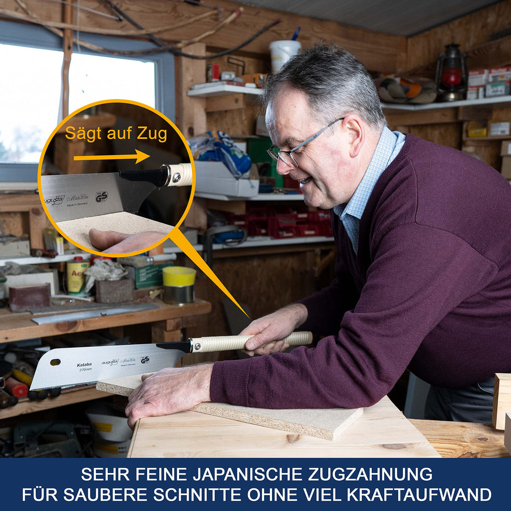 Augusta-Heckenrose Japansäge Kataba 270 mm I Traditionelle Säge aus Bandstahl C75 für Feinschnitte I Holzsäge mit verkürztem Stahlrücken & Bastgriff