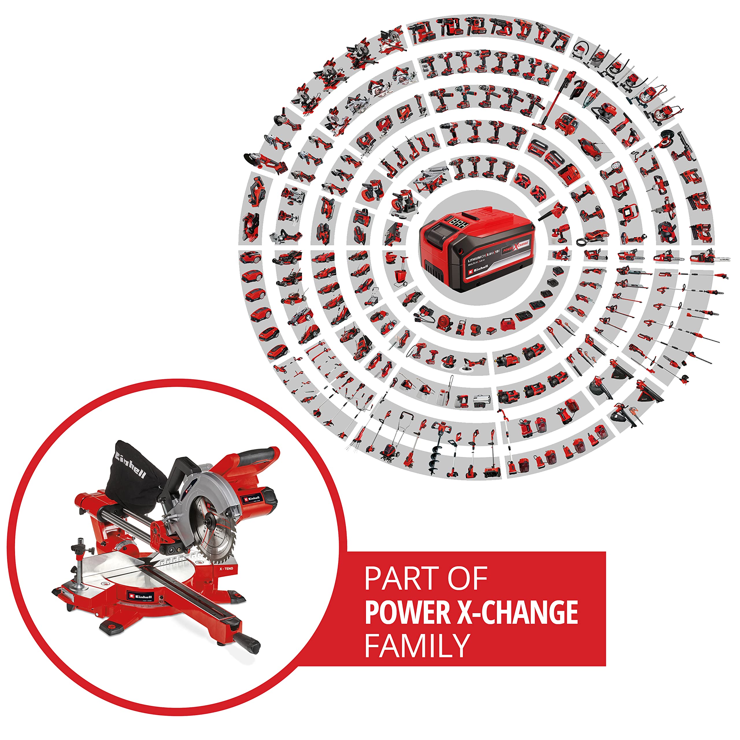 Einhell Akku-Zug-Kapp-Gehrungssäge TE-SM 36/210 Li-Solo Power X-Change (36 V, max. 65 mm x 310 mm Schnitttiefe/-breite, Ø 210 mm Sägeblatt, neigbarer Sägekopf, Laser, ohne Akku)