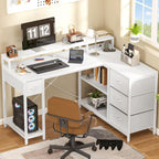 YITAHOME L Form Schreibtisch mit USB Ladeanschluss und Steckdose,Reversible Eckschreibtisch mit 4 Schubladen und Regal,Gaming Schreibtische mit Monitorständer,140x100 cm Computertisch für Büro,weiß