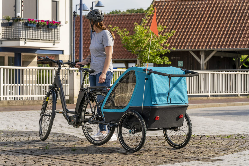 Prophete Kinder-Fahrradanhänger 20", für 1 oder 2 Kinder, zulässiges Gesamtgewicht 60 kg, inkl. vollschwenkbarem Vorderrad, inkl. Joggerrad, Farbe blau/schwarz