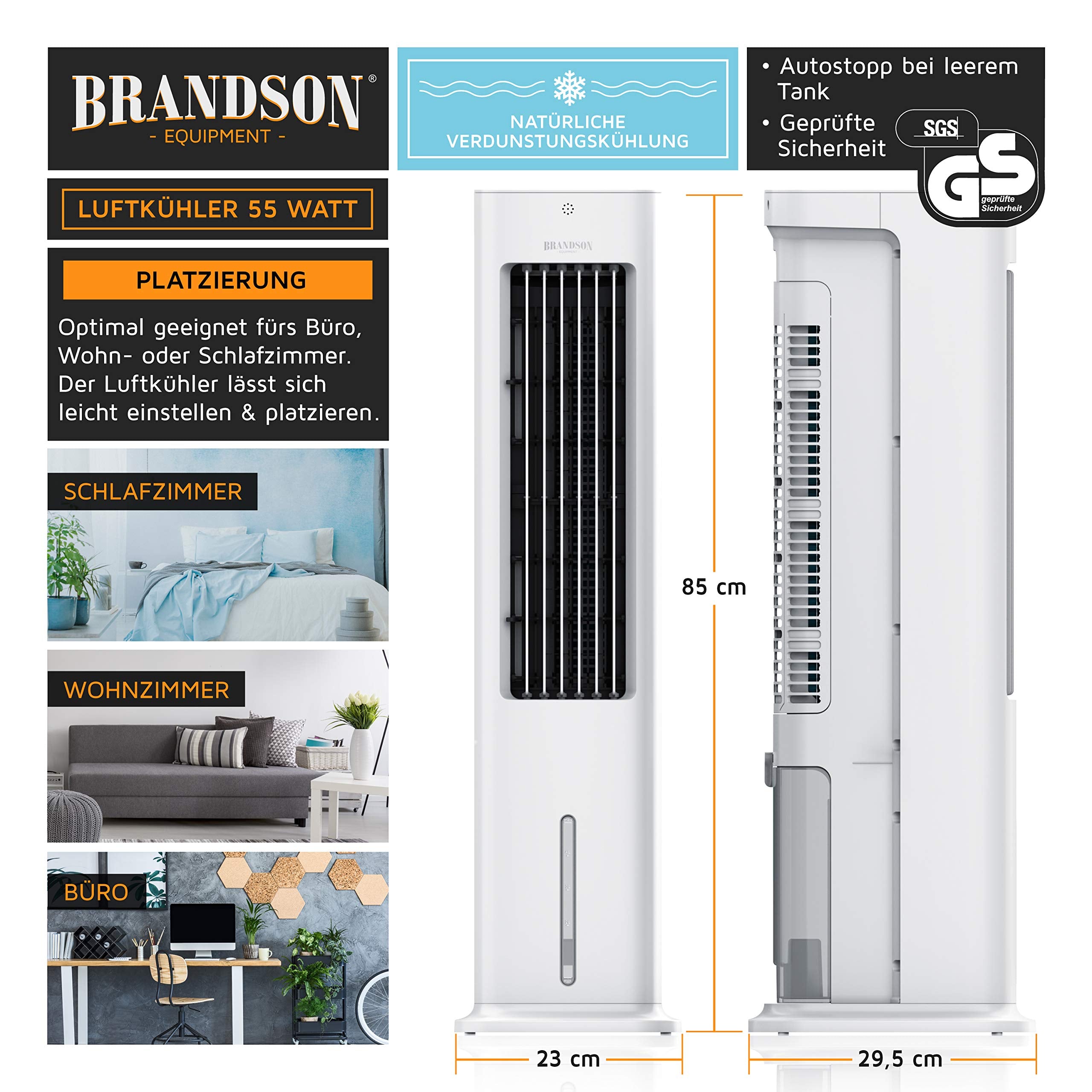 Brandson - Luftkühler mit Wasserkühlung - 5-in-1 - Verdunstungskühler, Luftbefeuchter, Ventilator & Luftreiniger, mobile Klimaanlage ohne Abluftschlauch - Preisträger 2025 - leise - 5L Wassertank