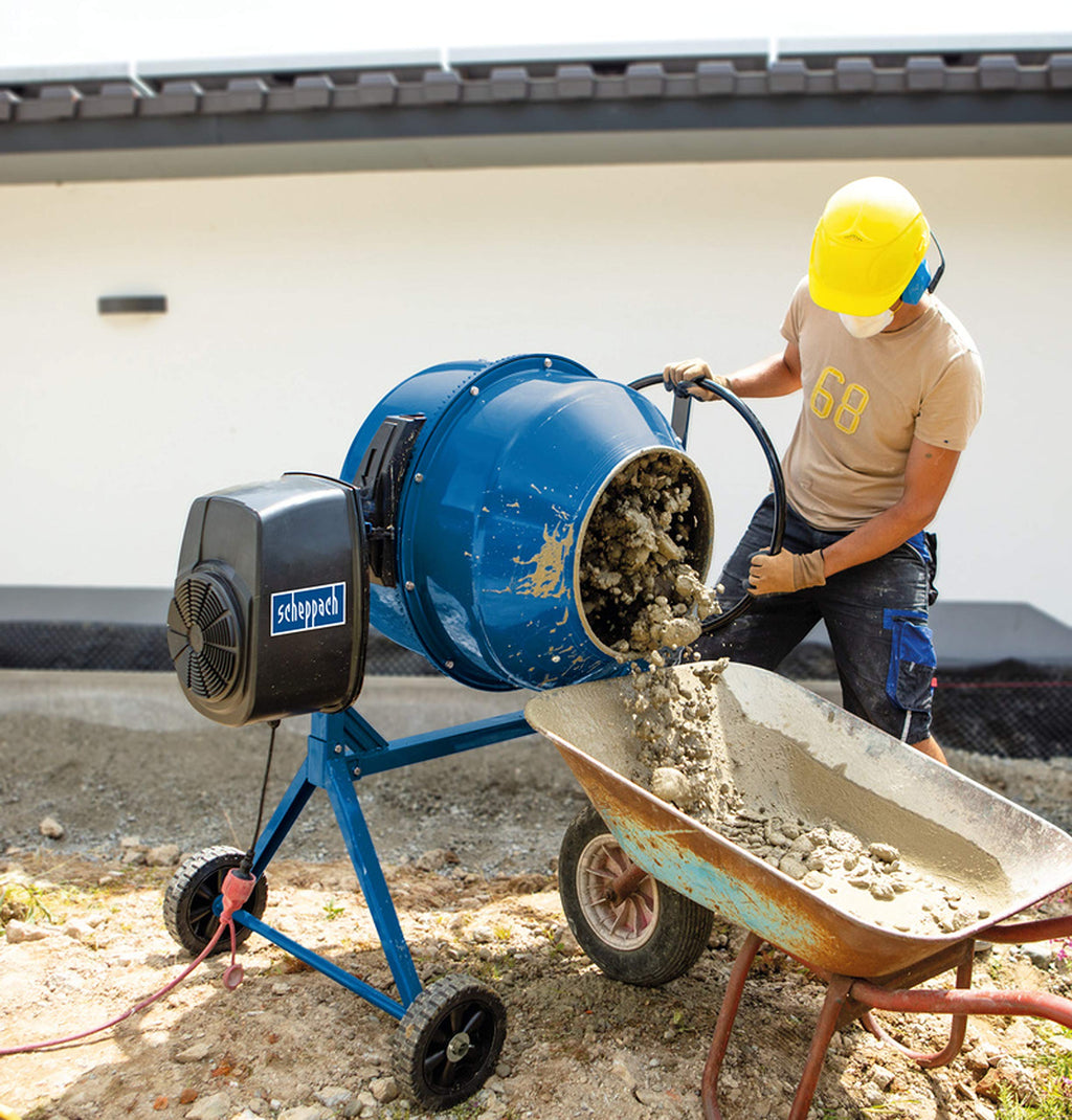 Scheppach Betonmischer MIX160 (650 W, Fassungsvermögen 160 L, Drehzahl 29,5 min-1, langlebig und robust, Zahnräder aus Guss)