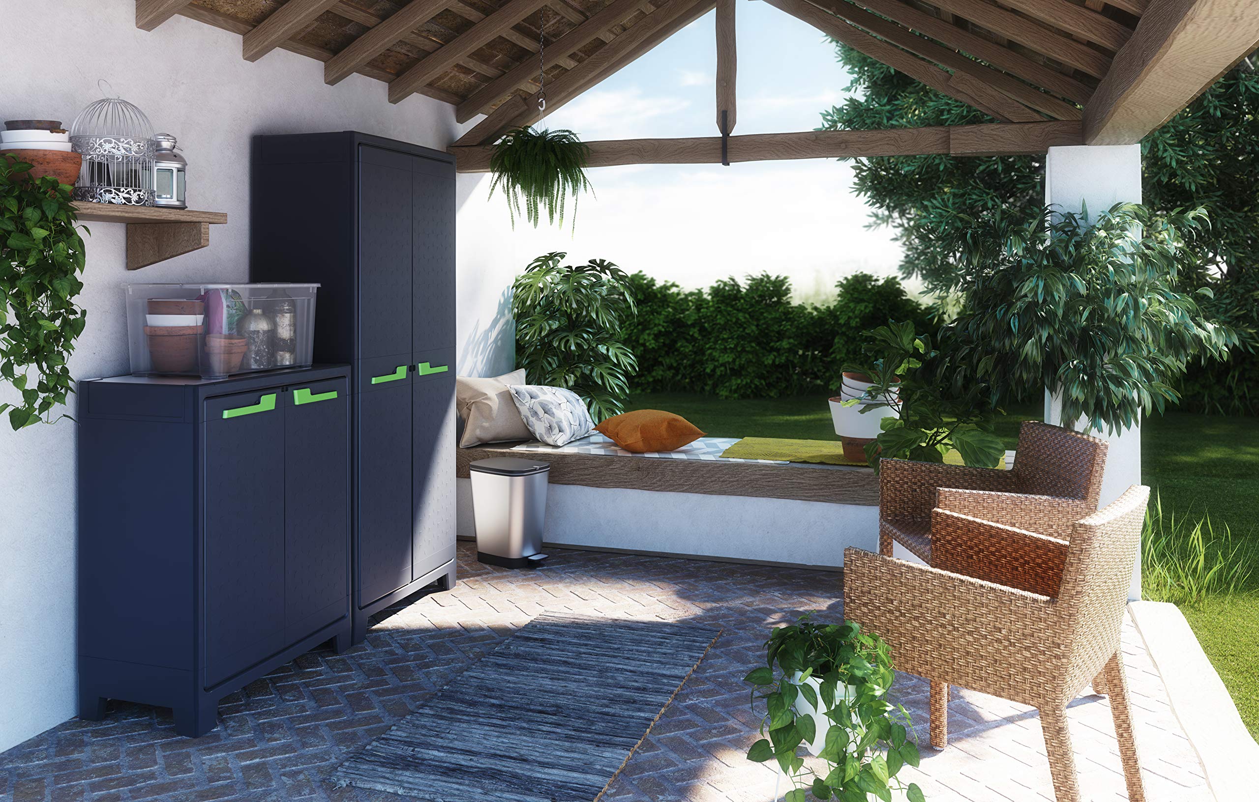 Keter Moby Kunststoffschrank, niedrig anthrazit/grün/grau, 80 x 44 x 100 cm, inklusiv 2 höhenverstellbaren Böden mit je 30kg Tragkraft, für drinnen und draußen geeignet UV- und wasserbeständig (IPX3)