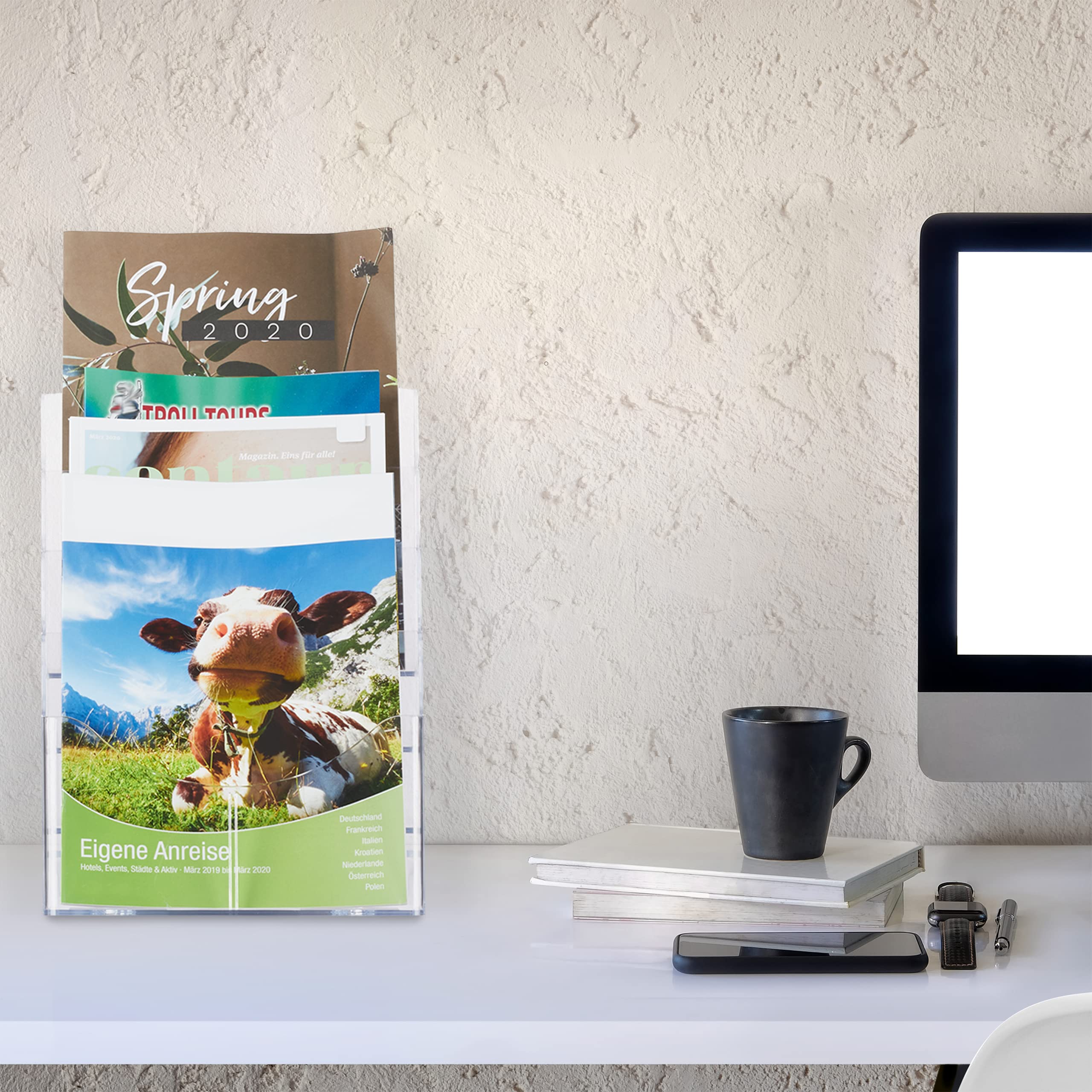 Relaxdays Prospekthalter A4 / DIN Lang, 4 Etagen, Acryl, Flyer Aufsteller Tisch & Wand, HBT: 35x24,5x24cm, transparent, 1 Stück, 10027299