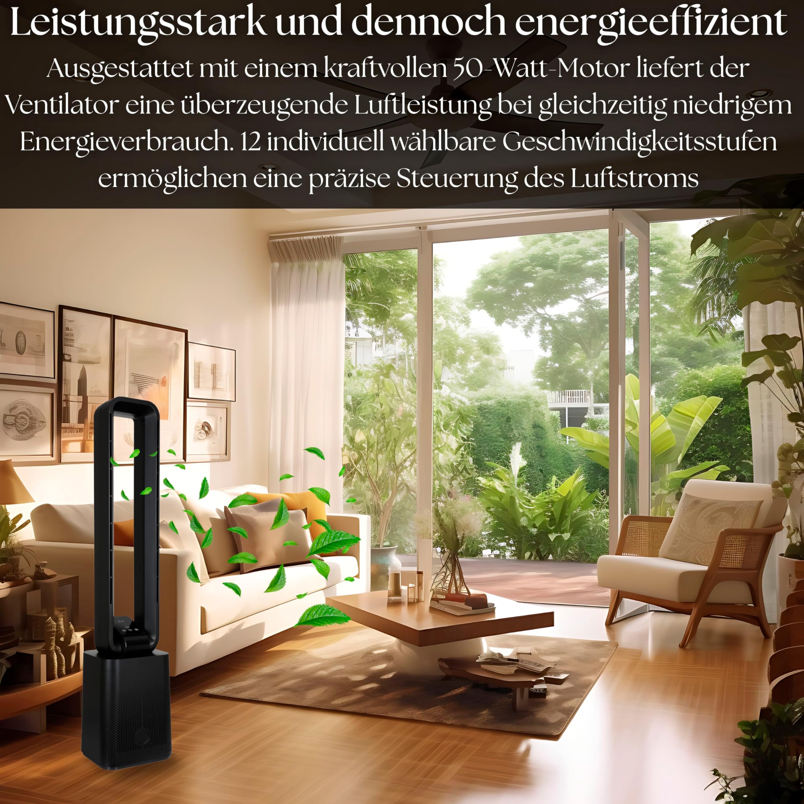 Turmventilator sehr leise Ventilator DC Motor Fernbedienung Oszillierend LED-Display 3 Modi 12 Stufen Tower-Ventilator Säulenventilator Standventilator Luftkühler 15h Timer Tower Fan (Black Venom)