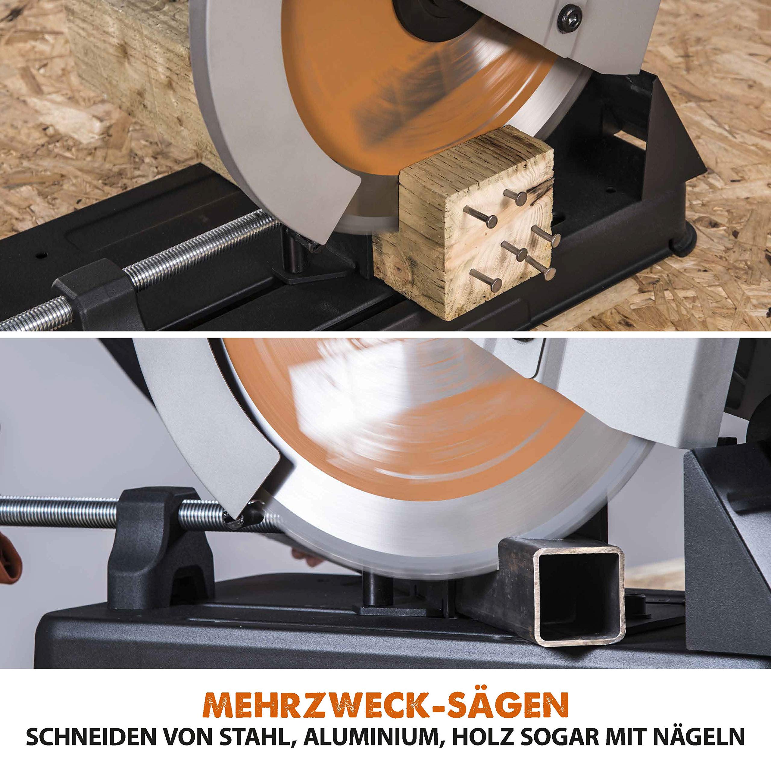 Evolution R355CPS Kappsäge Kapp-Zug-Gehrungssäge 2200 W | inkl. Ø 355 mm HM-Sägeblatt Multi-Material-Schneiden Holz, Aluminium, Stahl, Kunststoff | Schnittleistung von 120 x 120 mm | 0-45˚ Gehrung