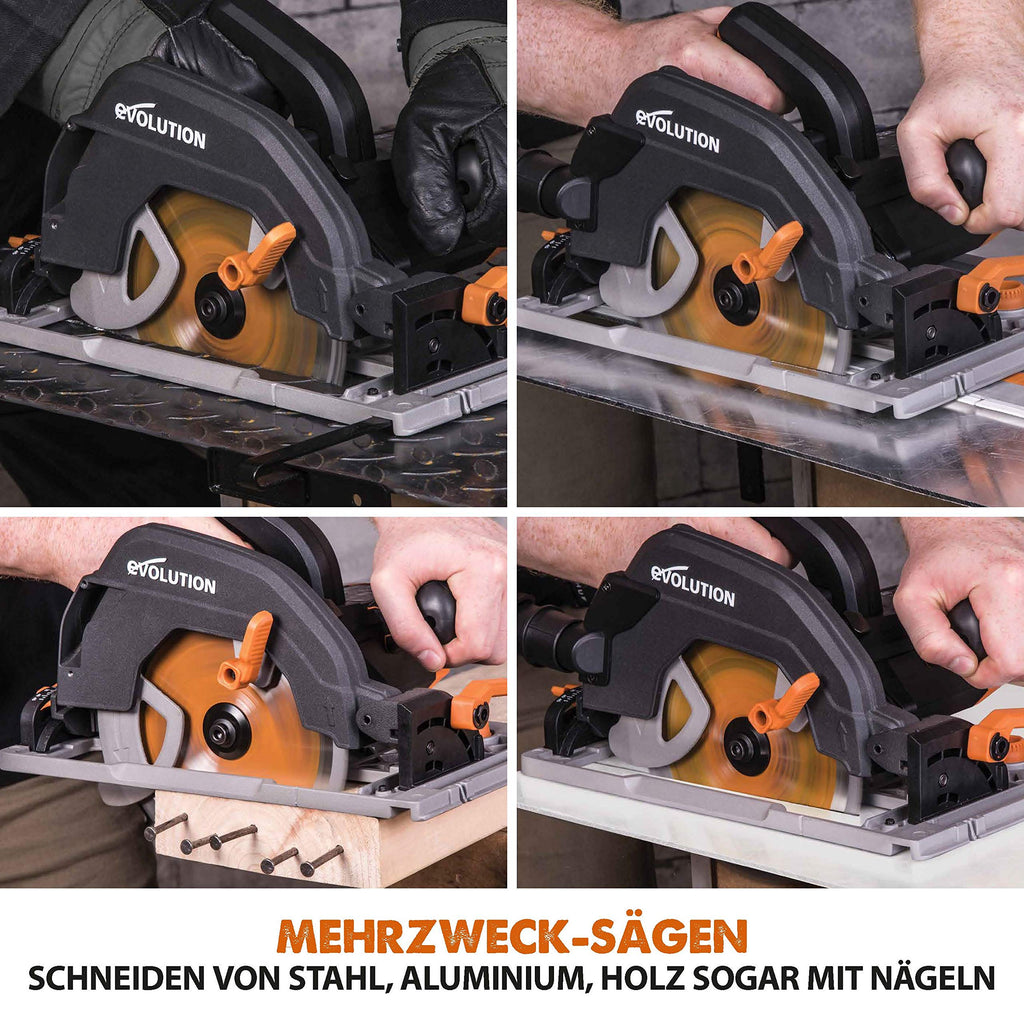 Evolution Handkreissäge R185CCSX Kreissäge Tauchsäge 1600W Inkl. Ø 185 mm HM-Sägeblatt Multi-Material-Schneiden Holz, Aluminium, Stahl, Kunststoff | Mit 3-teiliger 1020mm Mini-Schiene Führungsschiene