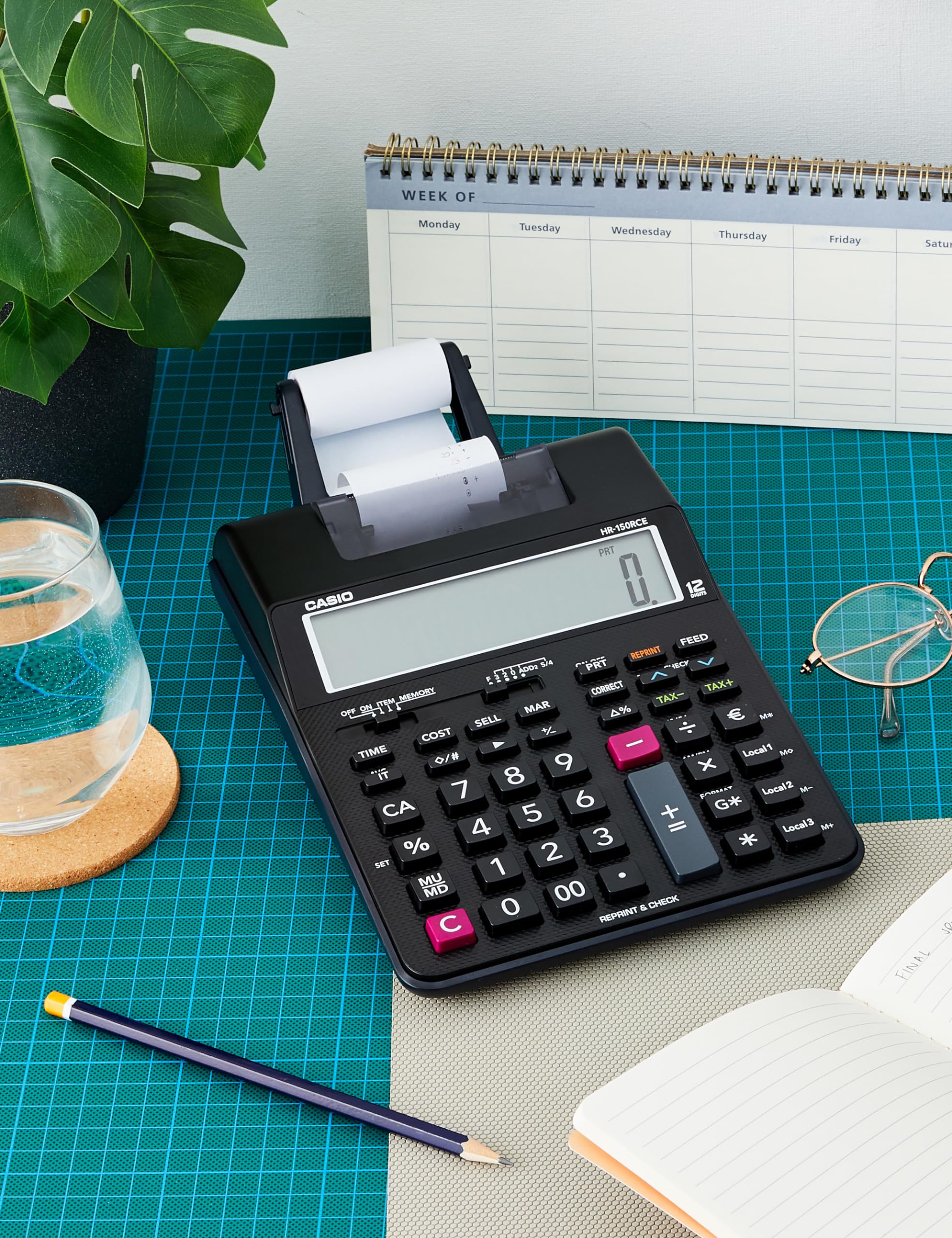 CASIO Druckender Tischrechner HR-150RCE, 12-stellig, 2-Farbdruck, Nachträglicher Druck, Gesamtsummen-Speicher