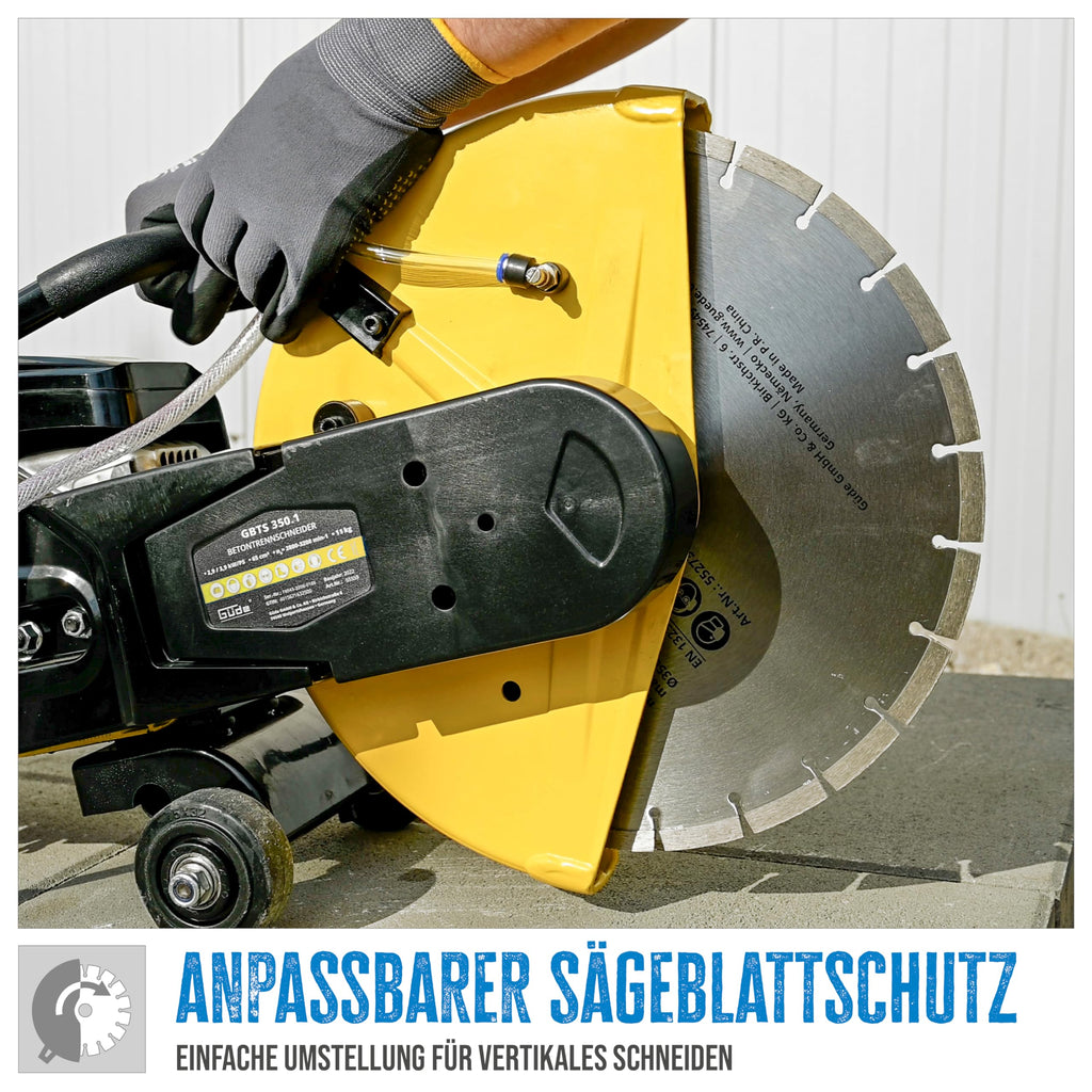 Güde Betontrennschneider GBTS 350.1 (2-Takt-Motor, 2,9/3,9 (kW/PS), 65 cm³ Hubr., 125 mm max. Schnitttiefe, 350 mm Trennscheiben-Ø, Nass und Trockenschnitt, inkl. Diamantscheibe & 3 Ersatzluftfilter)
