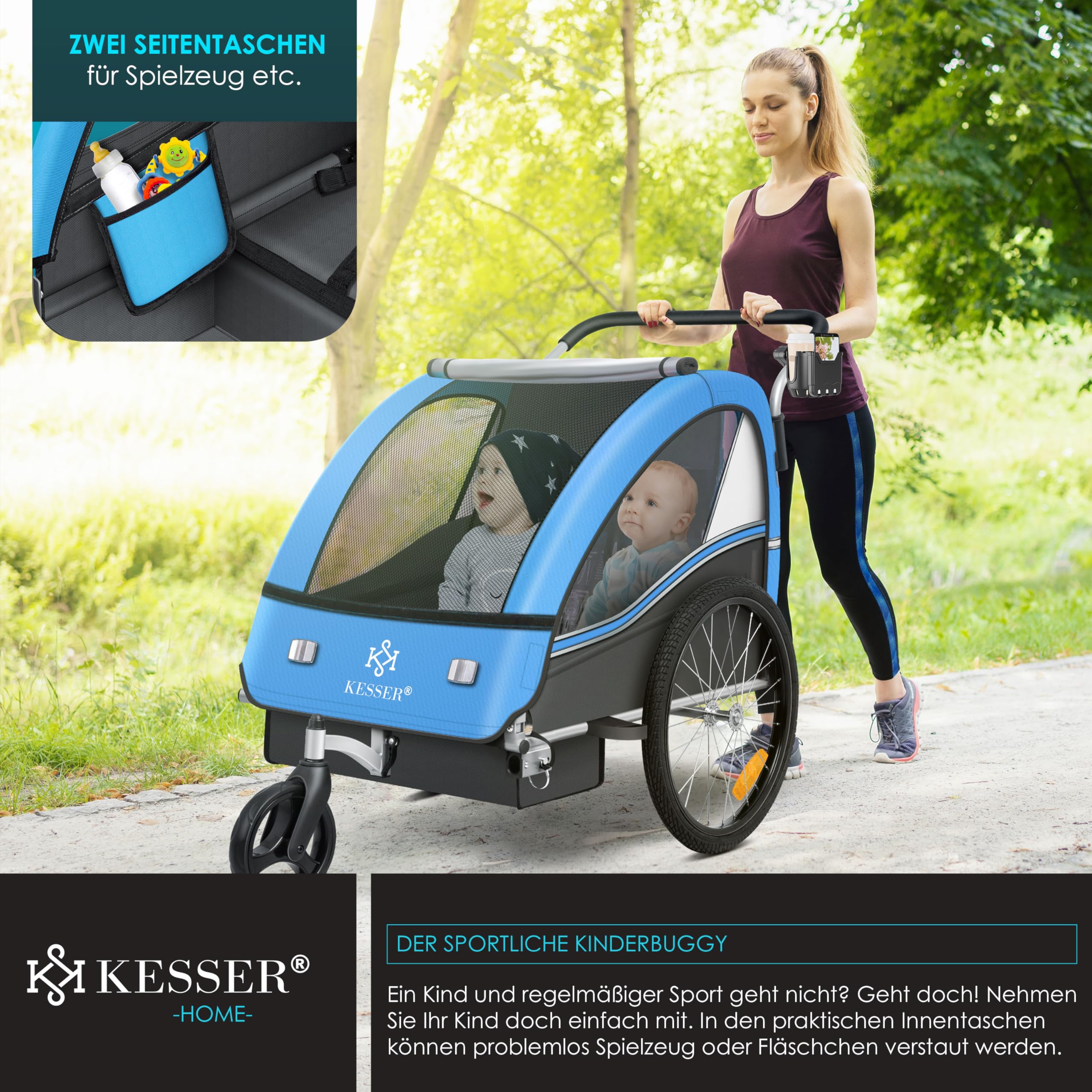 KESSER® Kinderfahrradanhänger Sport-RX 2in1 Jogger & Buggy 5-Punkt-Gurt Sicherheitsgurt 360° Vorderrad Kinderfahrradanhänger Reflektoren für 1-2 Kinder (max. 40 kg) Getränkehalter & Smartphonefach