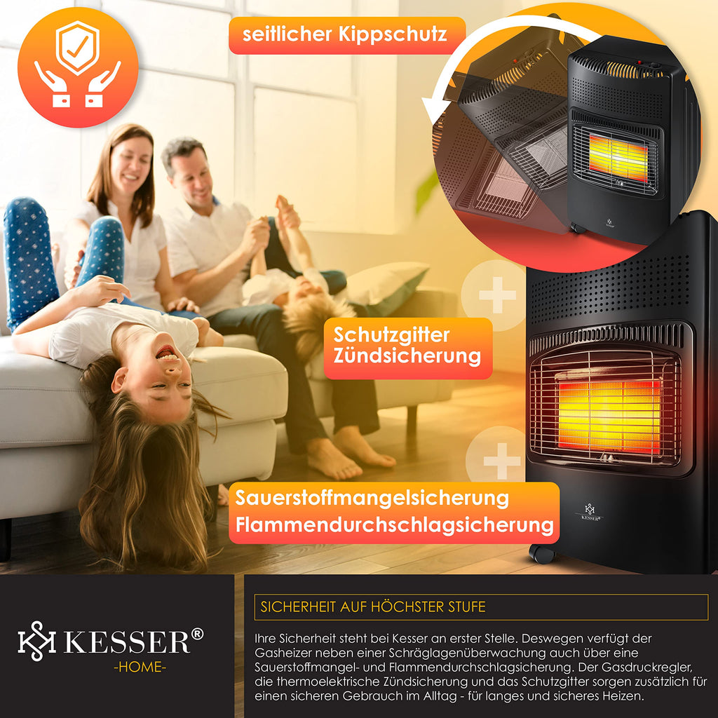 KESSER® 4200 Watt Keramik Piezo Gasheizer inkl. Gasdruckregler Gasschlauch + Schutzhülle, Gasheizofen Heizstrahler Gasheizgerät Infrarot Keramikbrenner, Butan- oder Propangasflaschen bis 15kg, Schwarz
