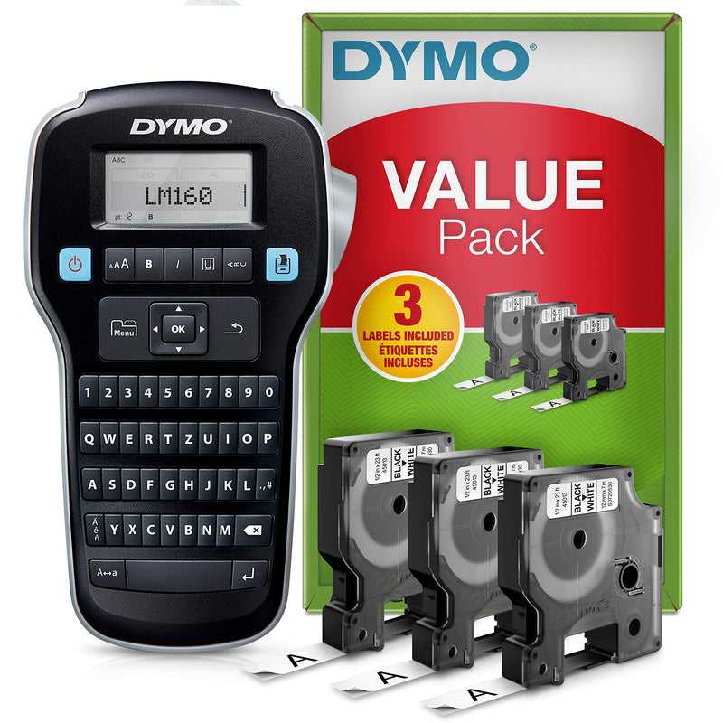 DYMO LabelManager 160 Tragbares Beschriftungsgerät Starter-Set | Etikettiergerät mit QWERTZ Tastatur & Einfache Textbearbeitung | mit 3 Rollen | für D1 Etiketten in 6, 9 und 12mm Breite