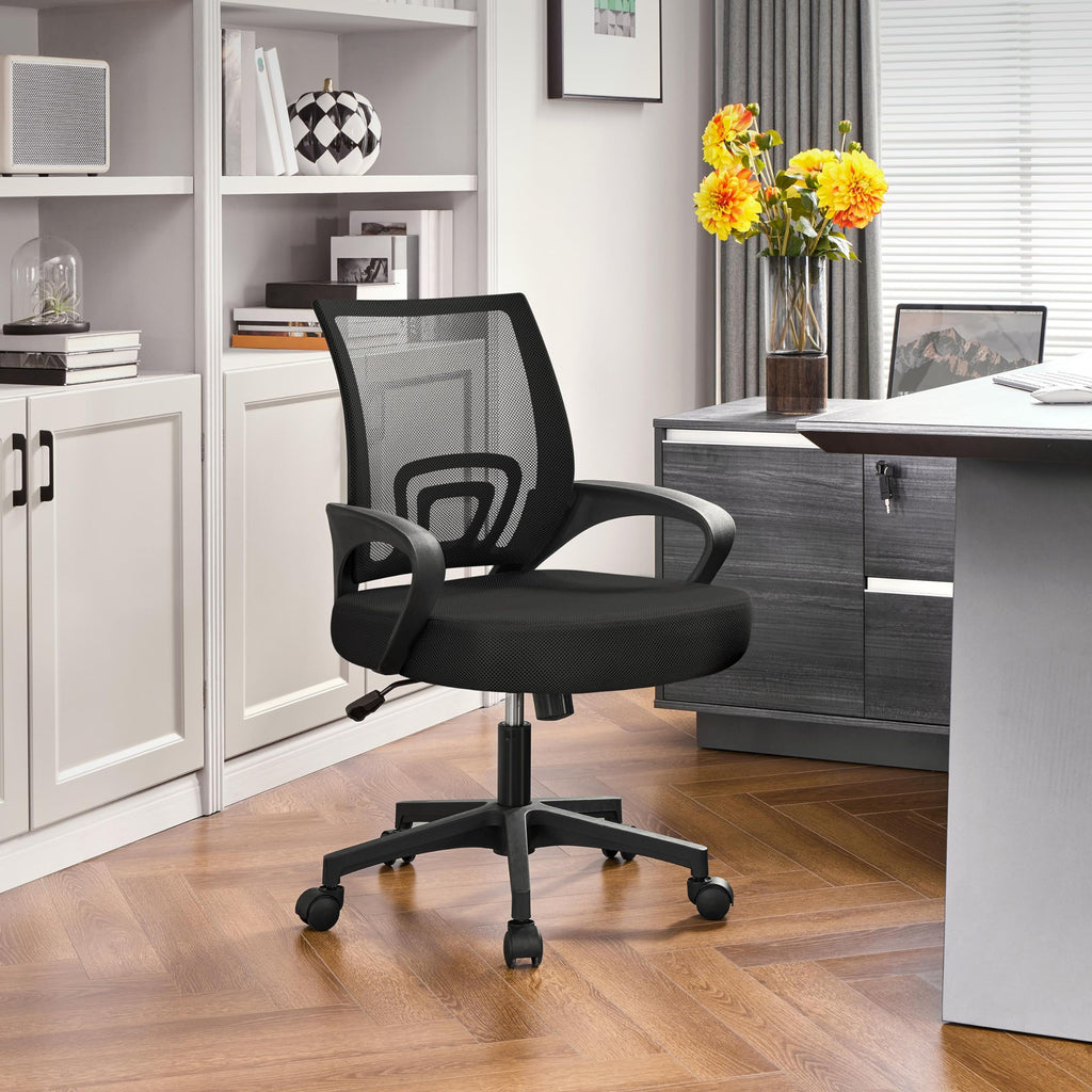 Yaheetech Bürostuhl Ergonomisch, Schreibtischstuhl mit Netzbespannung und Armlehnen, Drehstuhl aus Mesh, Chefsessel Wippfunktion, Höhenverstellbar Rückenschonend bis 136kg Belastbar, Schwarz