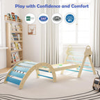 Puecrof 7-in-1 Montessori Kletterdreieck mit Kissen – Holz Kletterspielzeug für Kleinkinder 1-3 Jahre – Indoor Kletterbogen mit Rutsche, Leiter & Spielbogen (Blue)