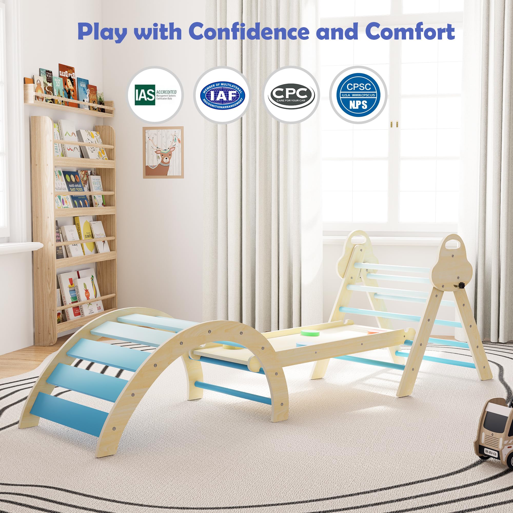 Puecrof 7-in-1 Montessori Kletterdreieck mit Kissen – Holz Kletterspielzeug für Kleinkinder 1-3 Jahre – Indoor Kletterbogen mit Rutsche, Leiter & Spielbogen (Blue)