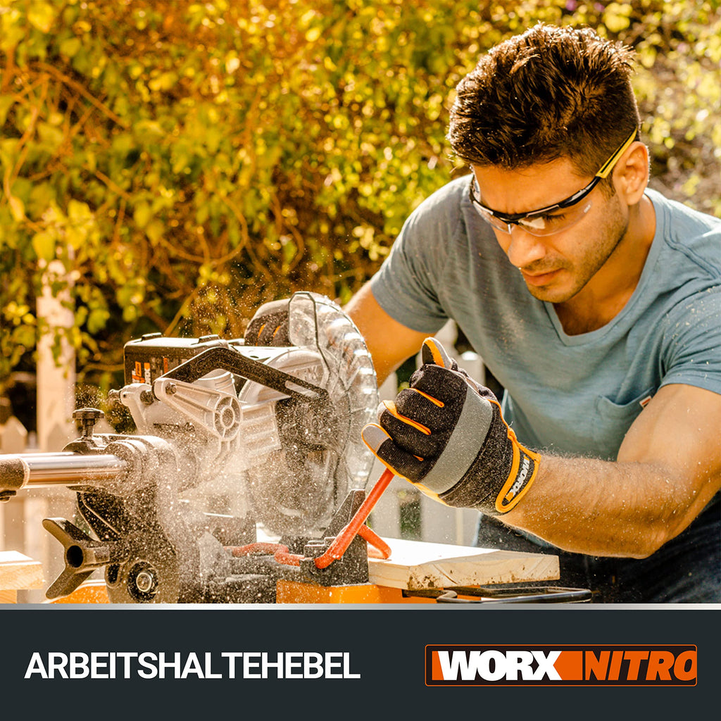 WORX WX845.9 NITRO Akku Paneelsäge 20V – multifunktionale Säge zum Zug-, Kapp-, & Gehrungssägen – 0-45° Schrägschnitte – 220mm in Holz – sicher & bequem dank XtraHand-Klemme – ohne Akku & Ladegerät
