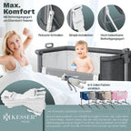 KESSER® Zustellbett Hubi 3in1 Baby Beistellbett Reisebett Babybett mit weich Matratze mit Rollen Kinderbett 5Fach Höhenverstellung Faltbare Seitenwand für Zuhause und Unterwegs + Spanngurt Dunkelgrau