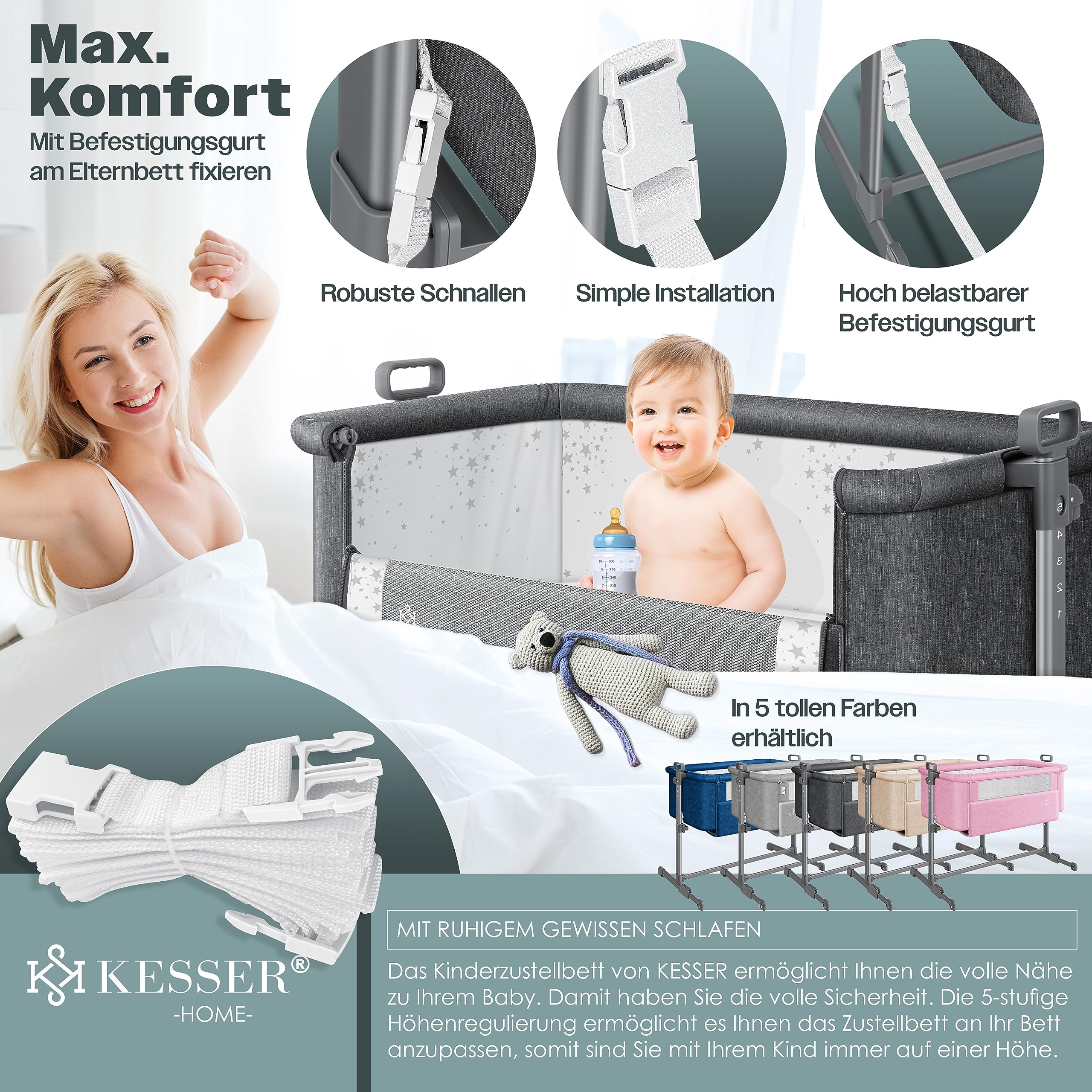 KESSER® Zustellbett Hubi 3in1 Baby Beistellbett Reisebett Babybett mit weich Matratze mit Rollen Kinderbett 5Fach Höhenverstellung Faltbare Seitenwand für Zuhause und Unterwegs + Spanngurt Dunkelgrau