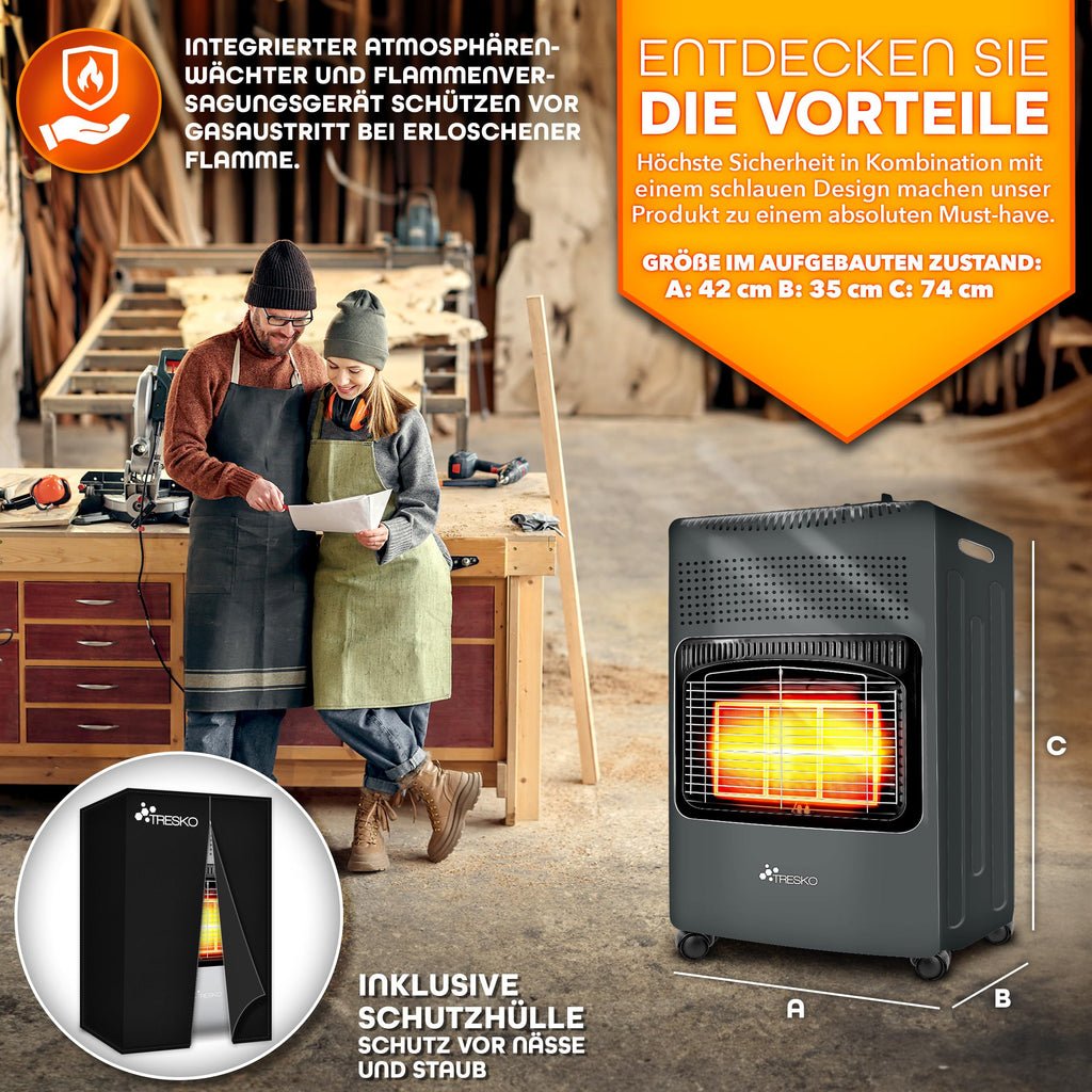 TRESKO 4200 Watt Gasheizung inkl. Gasdruckregler Gasschlauch + Abdeckung | Gasheizer Gasofen Gasheizofen mit 3 Stufen | Infrarot Gasheizgerät (Anthrazit)