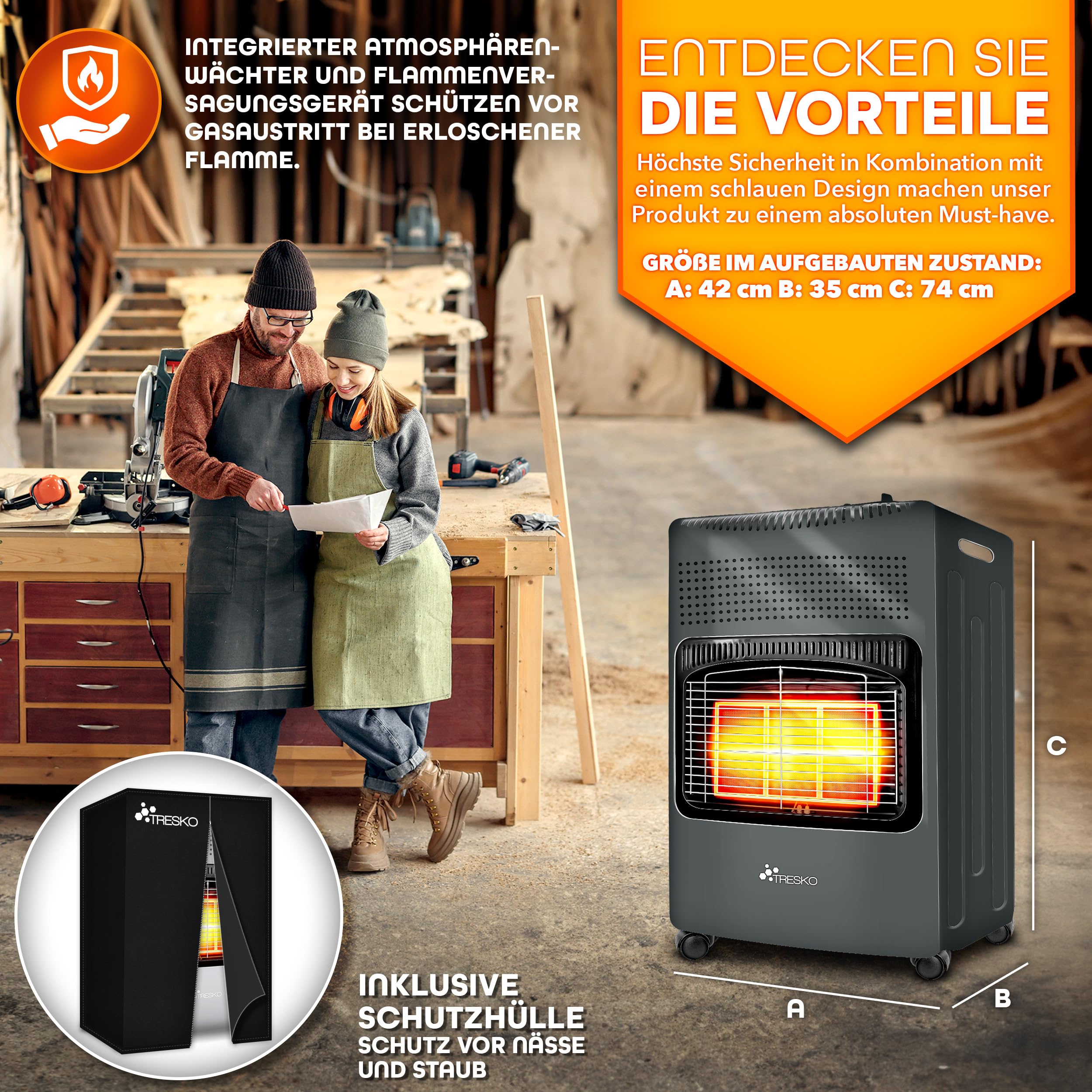 TRESKO 4200 Watt Gasheizung inkl. Gasdruckregler Gasschlauch + Abdeckung | Gasheizer Gasofen Gasheizofen mit 3 Stufen | Infrarot Gasheizgerät (Anthrazit)