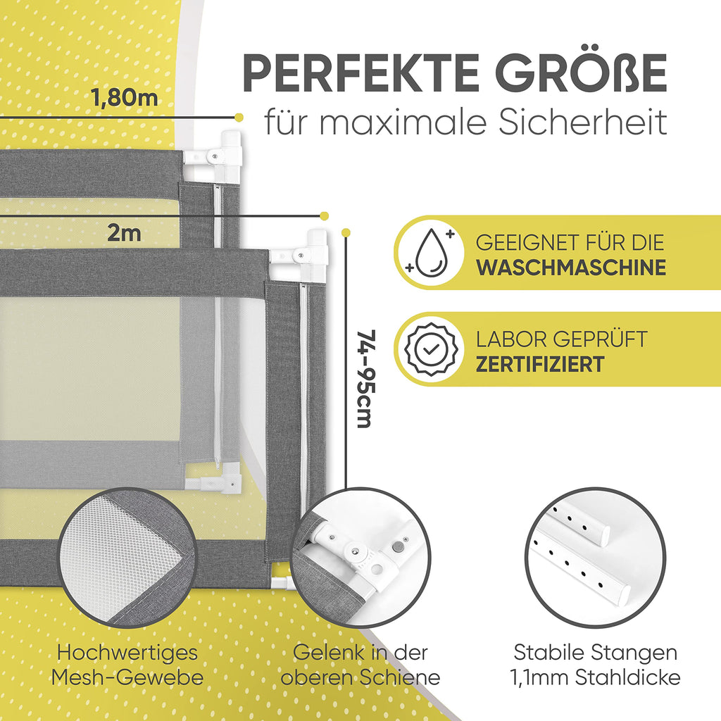 RAWVEL® Bettgitter grau [2m] - Labor geprüft - Rausfallschutz Bett [Eine Seite] - Bettschutzgitter für Kinder & Elternbetten - Inkl. Deutscher Aufbauanleitung & Aufbauvideo