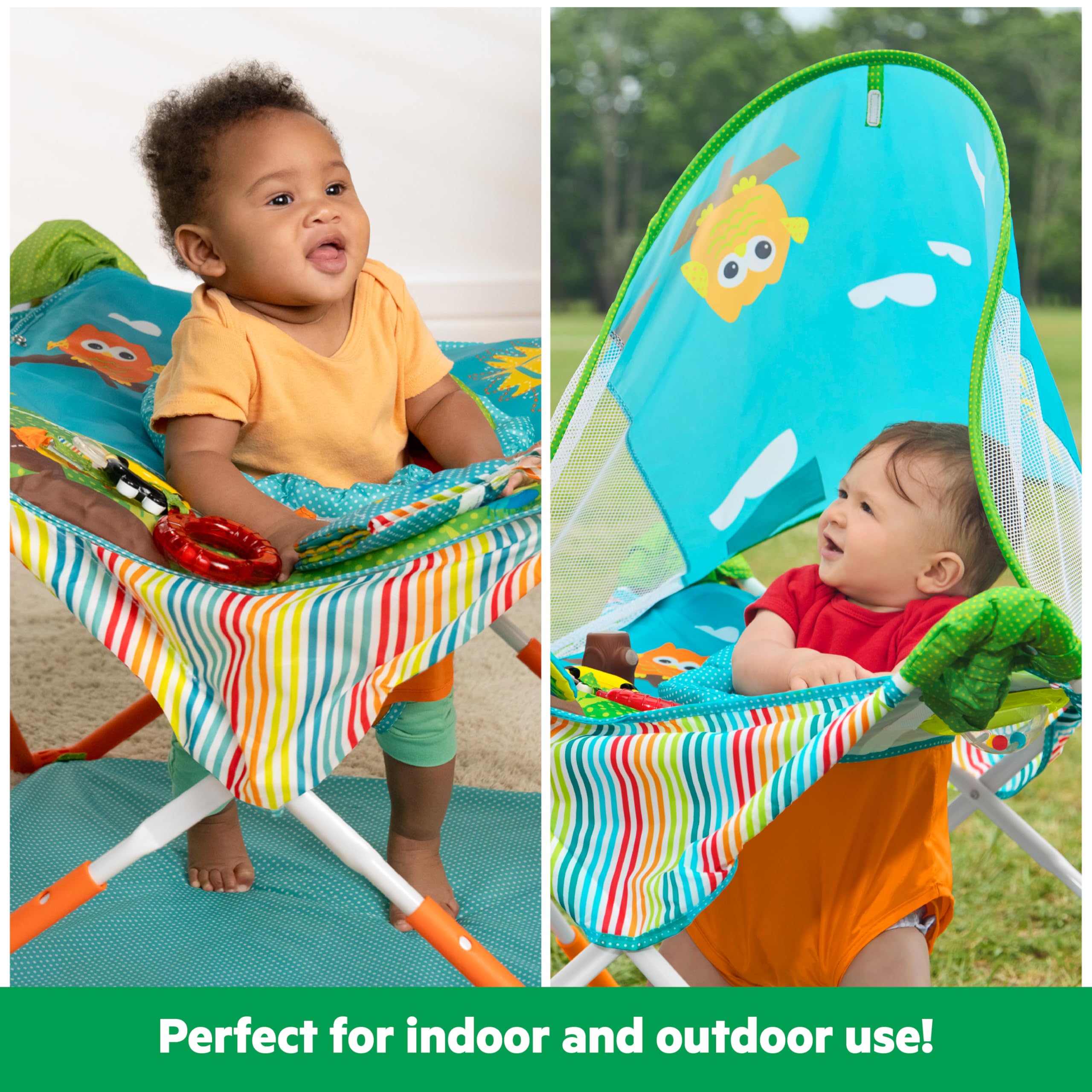 Bright Starts Pop 'N Jump Faltbarer Aktivitäts-Jumperoo, Tragbares Aktivitätscenter für Babys, UPF 50+ Sonnendach, 4 Sensorische Spielzeuge, Reisetasche, 6-12 Monate