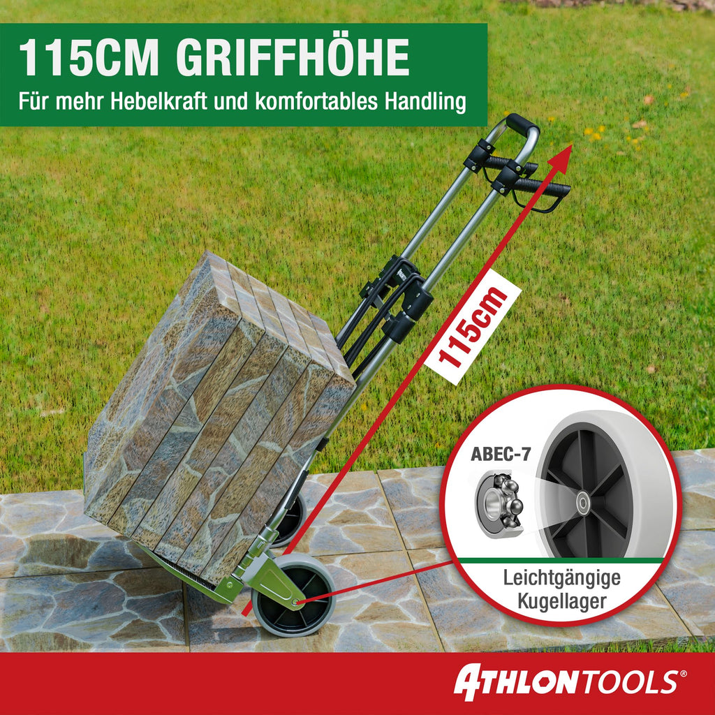ATHLON TOOLS Schwerlast-Sackkarre klappbar 150 kg TÜV geprüft – Aluminium, große kugelgelagerte Räder mit Soft-Laufflächen, 2 Expanderseile