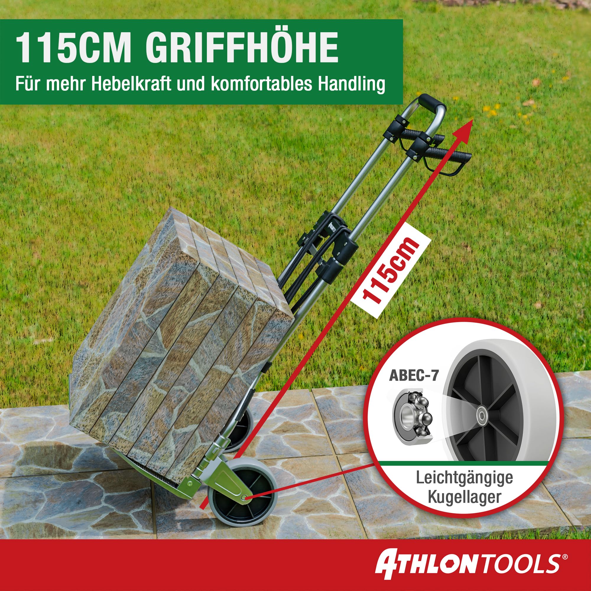 ATHLON TOOLS Schwerlast-Sackkarre klappbar 150 kg TÜV geprüft – Aluminium, große kugelgelagerte Räder mit Soft-Laufflächen, 2 Expanderseile
