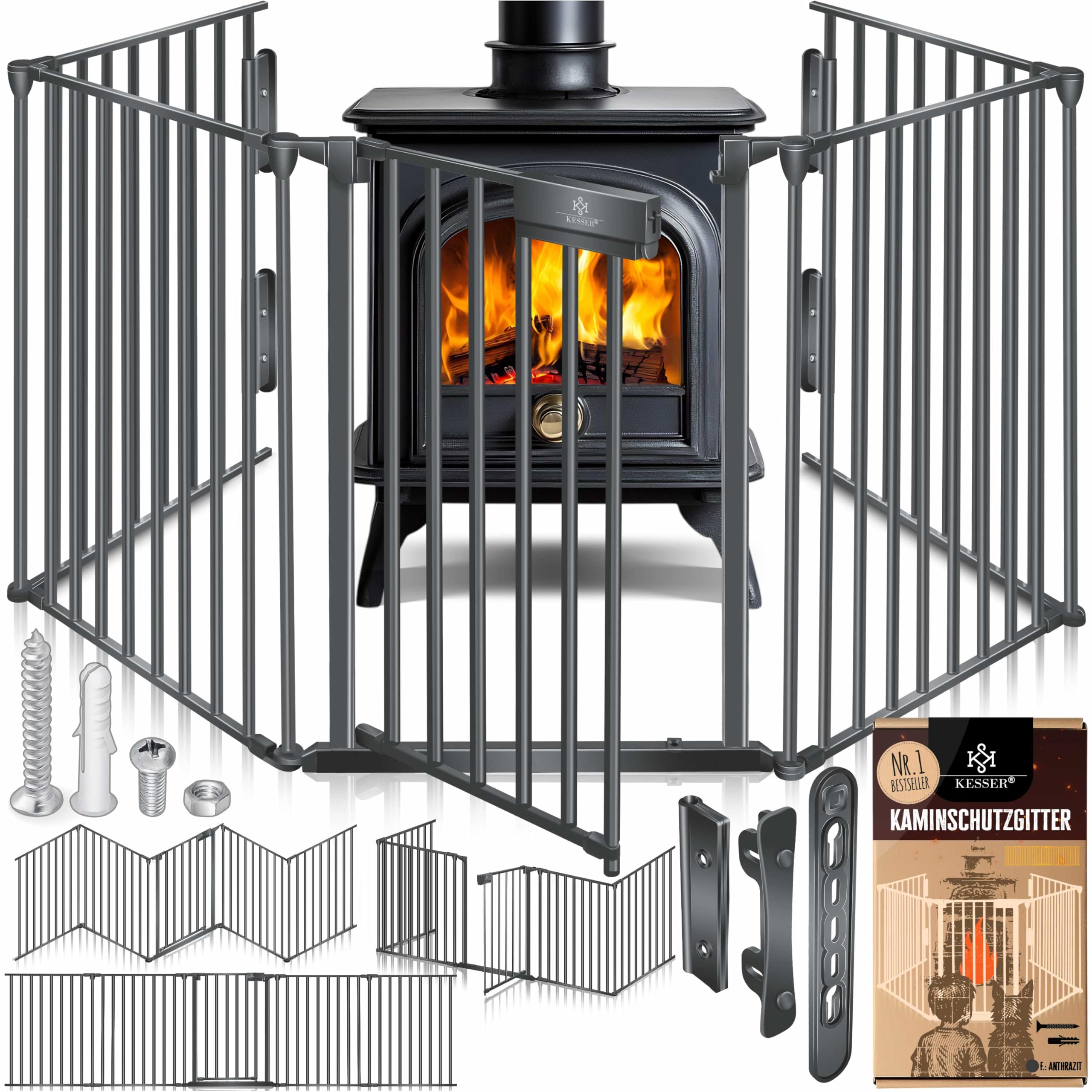 KESSER® Kaminschutzgitter mit Tür 600 cm Metall Ofenschutzgitter Laufgitter Laufstall Absperrgitter Tierschutzgitter Türschutzgitter für Kinder-Sicherung, 10-teilig Elemente (je 60 x 75 cm) Anthrazit
