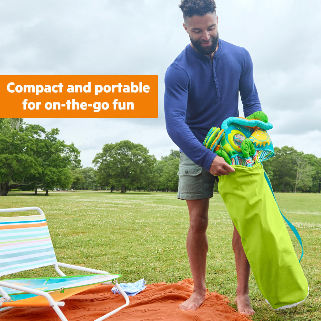 Bright Starts Pop 'N Jump Faltbarer Aktivitäts-Jumperoo, Tragbares Aktivitätscenter für Babys, UPF 50+ Sonnendach, 4 Sensorische Spielzeuge, Reisetasche, 6-12 Monate