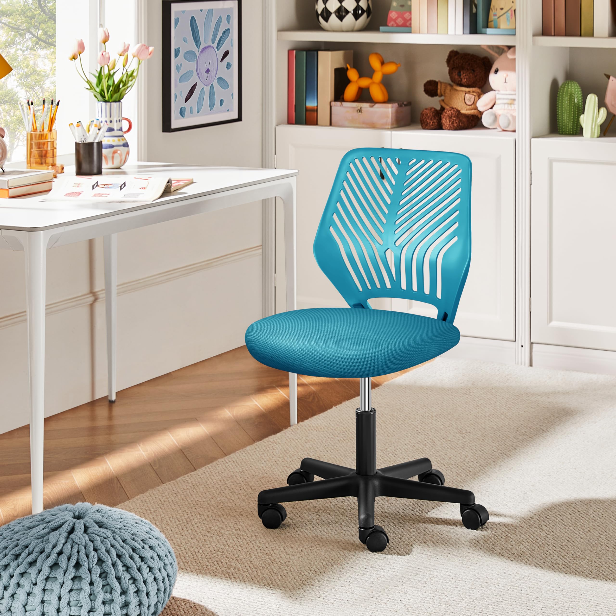 Yaheetech ergonomisch Schreibtischstuhl Bürostuhl ohne Armlehnen Drehstuhl mit Rücklehne Arbeitsstuhl höhenverstellbar 136 kg belastbar 50 x 55 x 79-92 cm Türkis